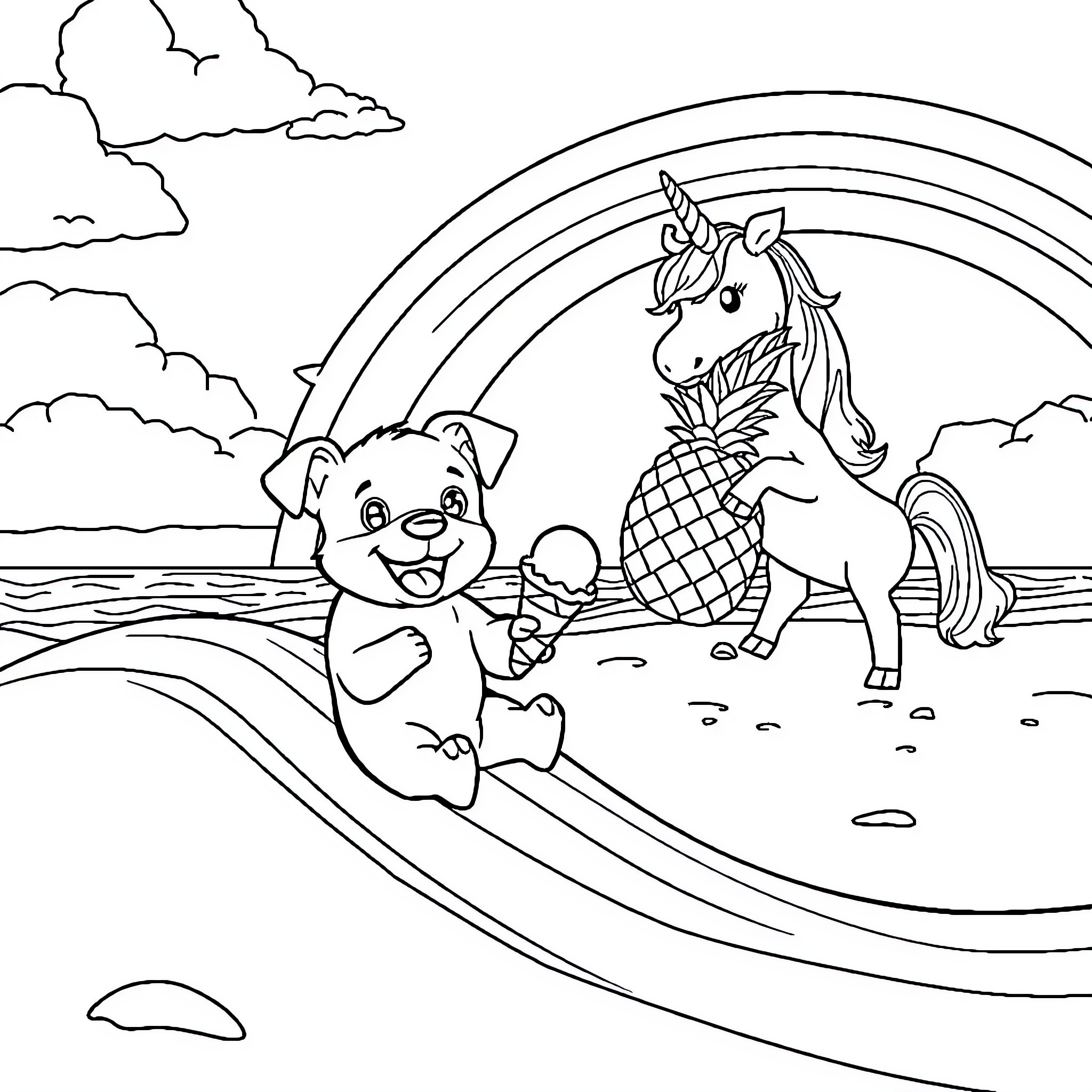 Dog and Unicorn Playing at the Beach Coloring Page (free black-and-white line drawing printable PDF for all, from beginners to advanced learners, including children, teens, adults, and seniors)