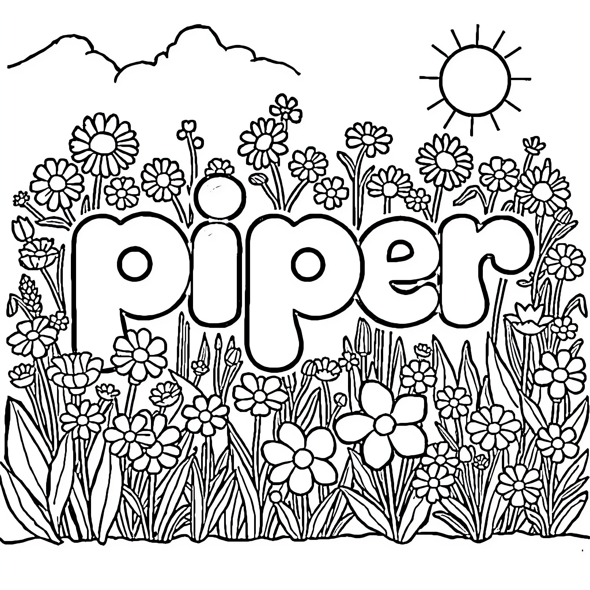 Piper's Floral Delight Coloring Page (free black-and-white line drawing printable PDF for all, from beginners to advanced learners, including children, teens, adults, and seniors)