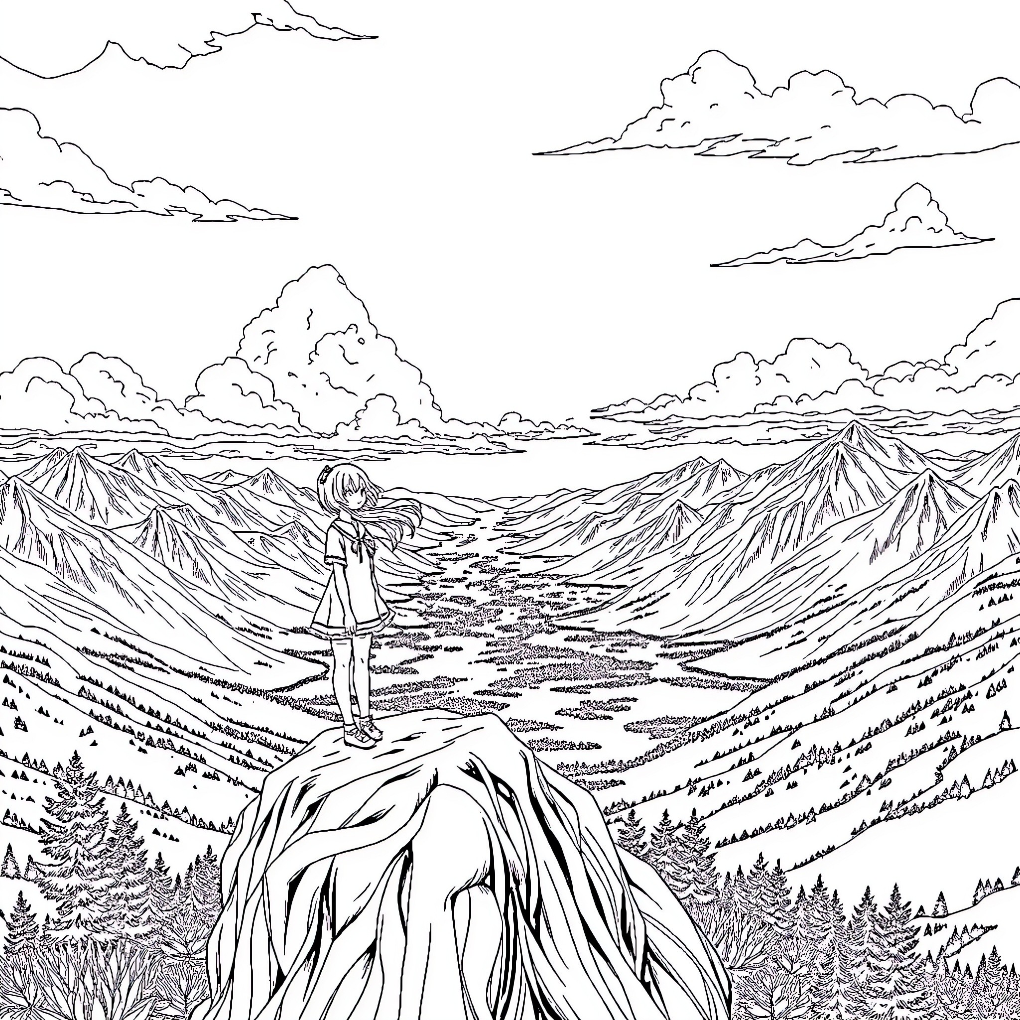 Anime Girl Admiring the Vast Landscape Coloring Page (free black-and-white line drawing printable PDF for all, from beginners to advanced learners, including children, teens, adults, and seniors)