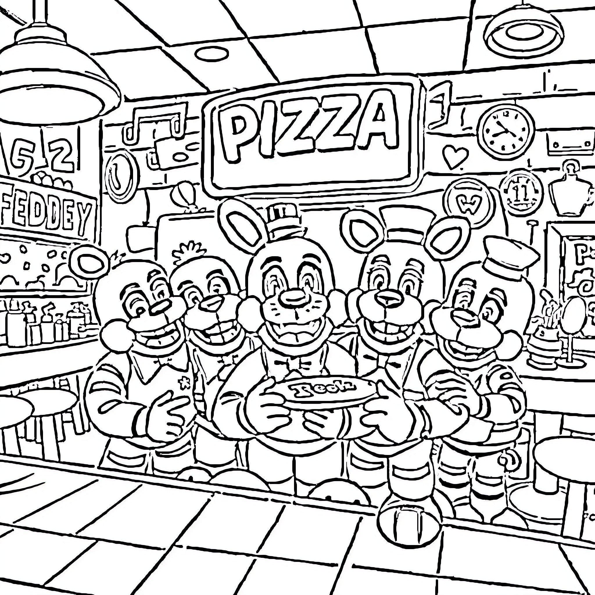 Freddy Fazbear's Pizza Parlor Antics Coloring Page (free black-and-white line drawing printable PDF for all, from beginners to advanced learners, including children, teens, adults, and seniors)