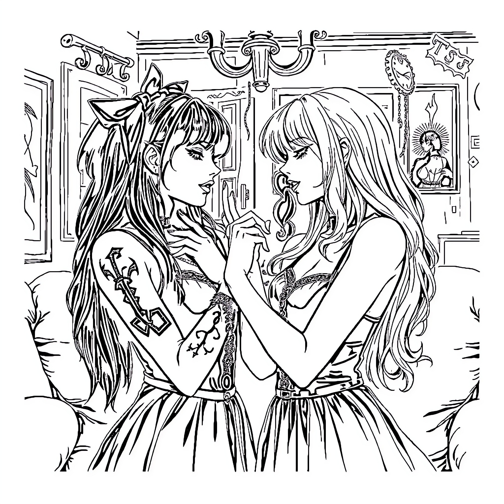 Goth Girls Sharing a Moment Coloring Page (free black-and-white line drawing printable PDF for all, from beginners to advanced learners, including children, teens, adults, and seniors)