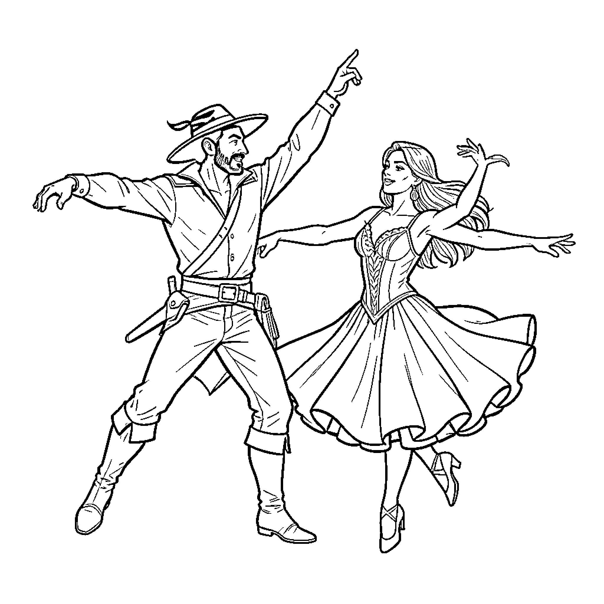 Zorro dancing joyfully with a lady in a dress Coloring Page (free black-and-white line drawing printable PDF for all, from beginners to advanced learners, including children, teens, adults, and seniors)