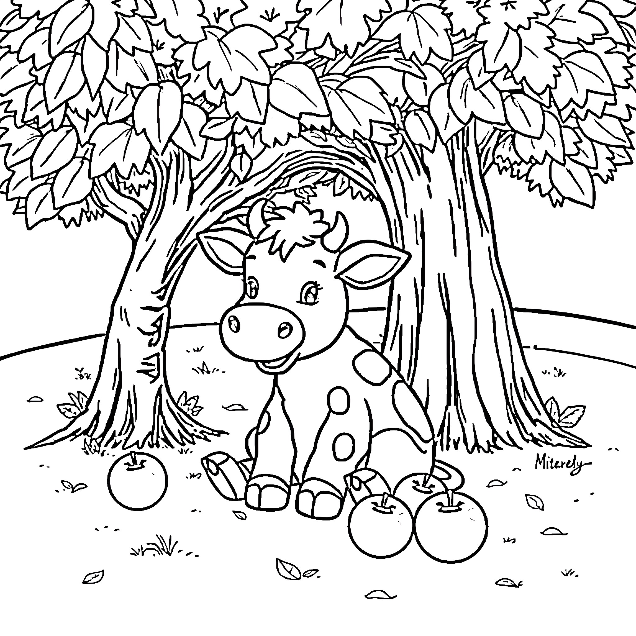 Cow relaxing under the shady trees Coloring Page (free black-and-white line drawing printable PDF for all, from beginners to advanced learners, including children, teens, adults, and seniors)