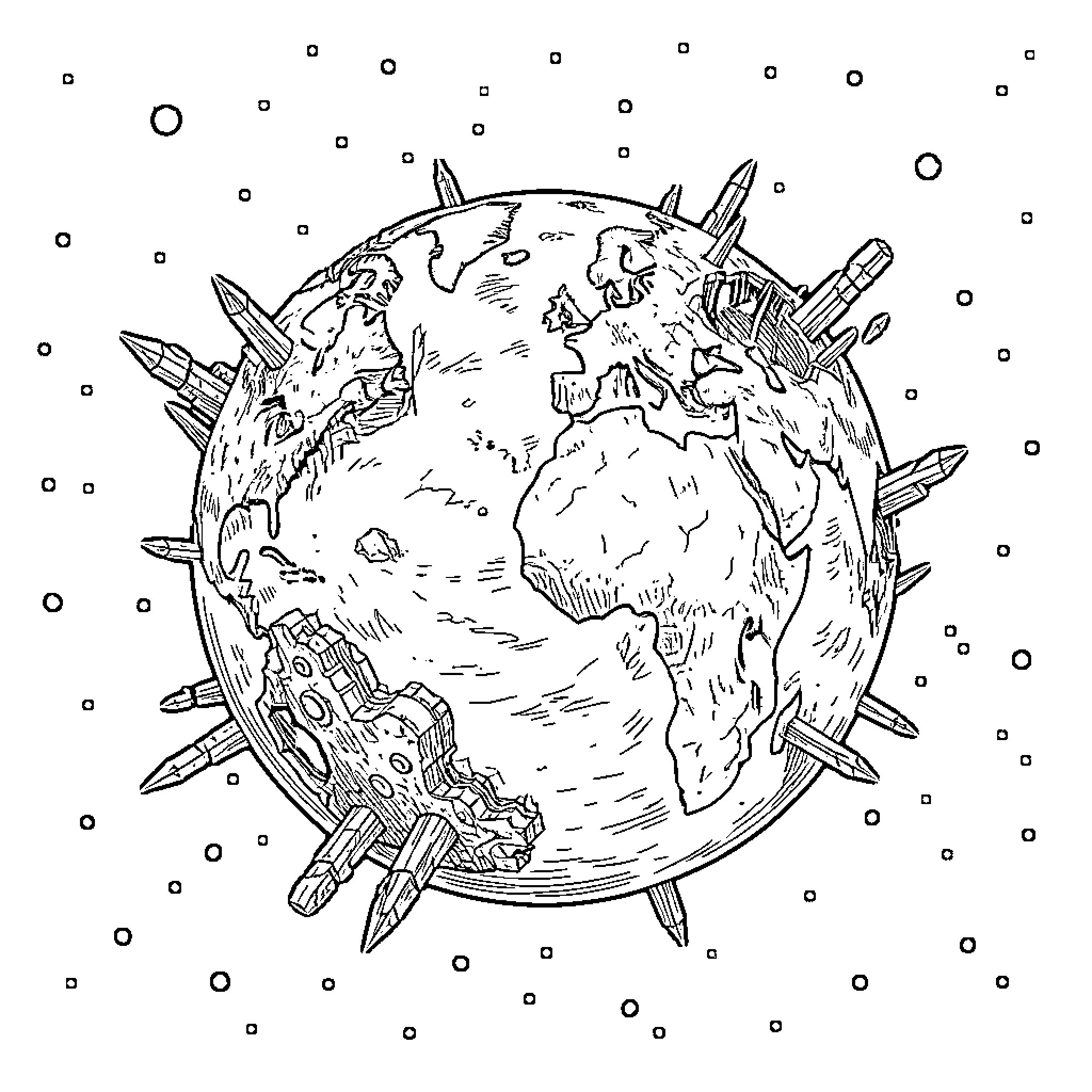 Planet of technological wonders and space exploration Coloring Page (free black-and-white line drawing printable PDF for all, from beginners to advanced learners, including children, teens, adults, and seniors)