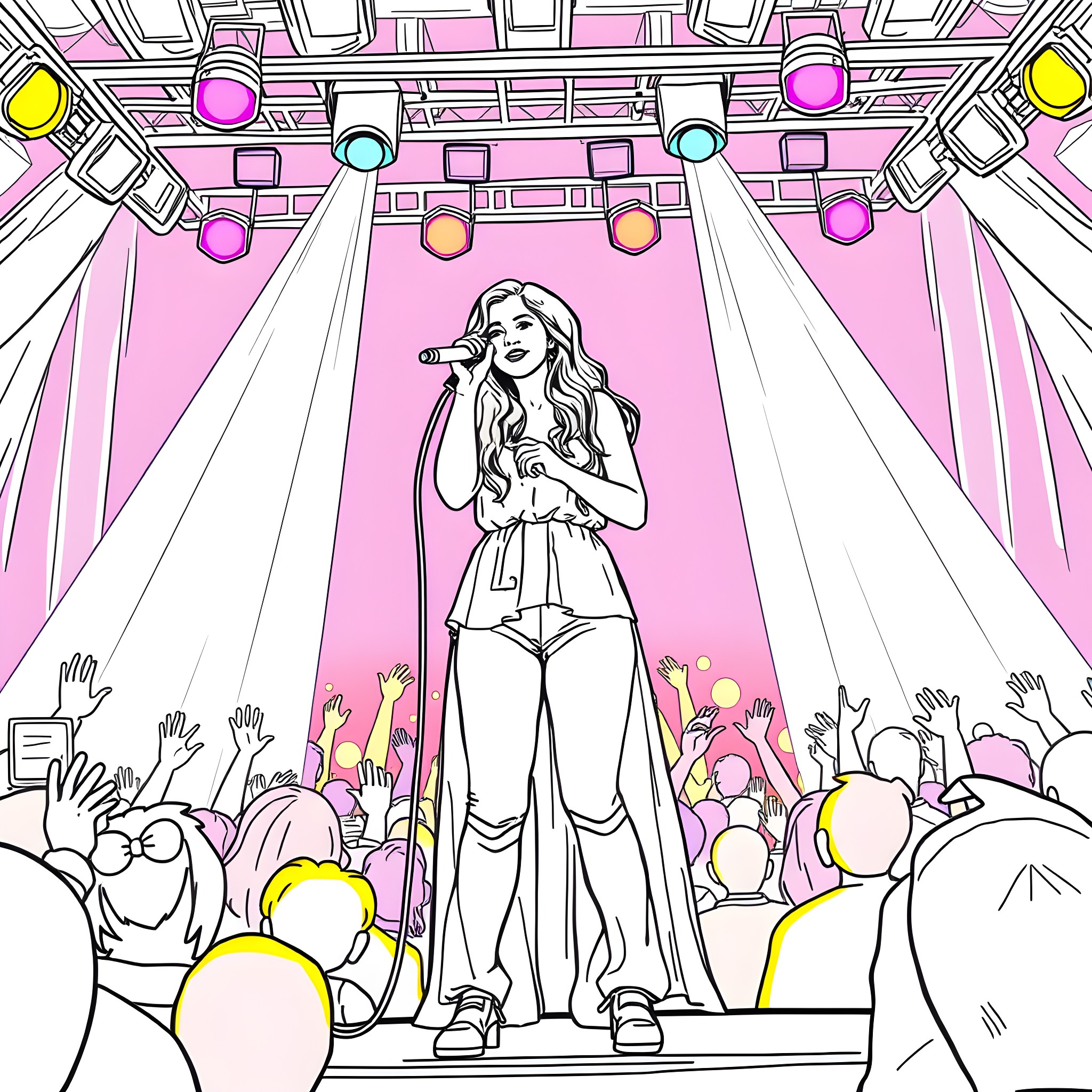 Sabrina Carpenter Performing on Stage Coloring Page (free black-and-white line drawing printable PDF for all, from beginners to advanced learners, including children, teens, adults, and seniors)