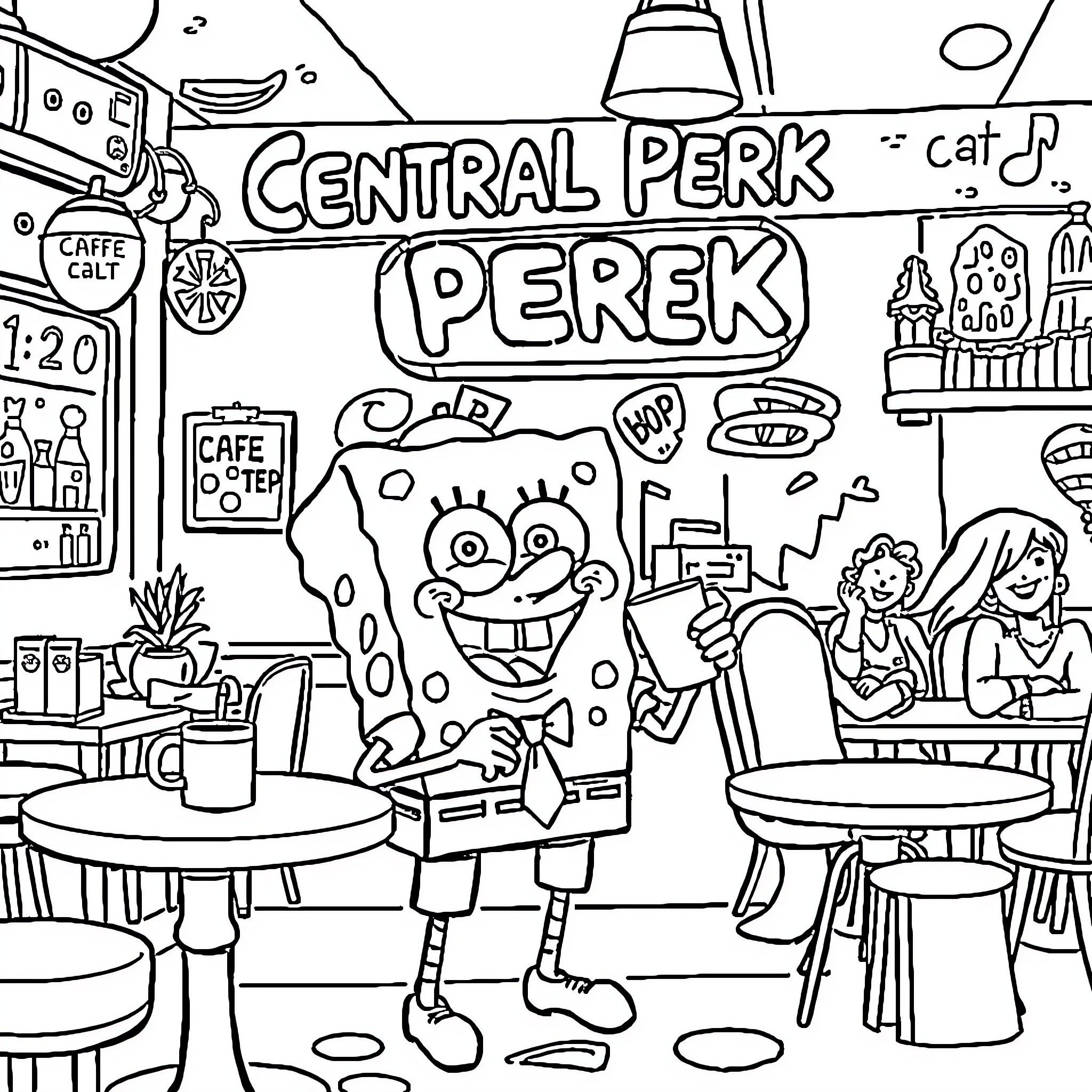 Spongebob enjoying the lively Central Perk cafe Coloring Page (free black-and-white line drawing printable PDF for all, from beginners to advanced learners, including children, teens, adults, and seniors)