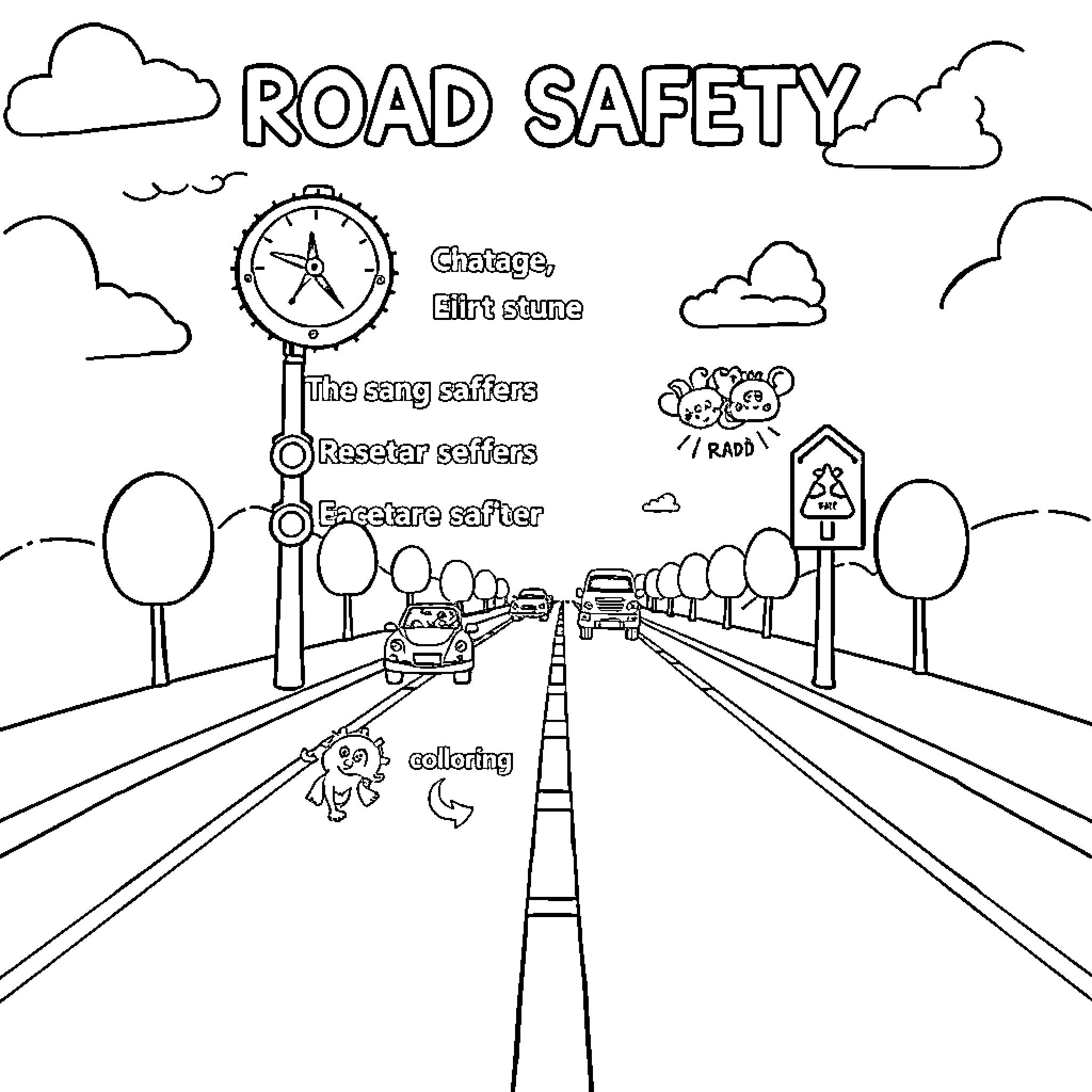Road Safety Awareness: Traffic Signs and Pedestrian Behavior Coloring Page (free black-and-white line drawing printable PDF for all, from beginners to advanced learners, including children, teens, adults, and seniors)