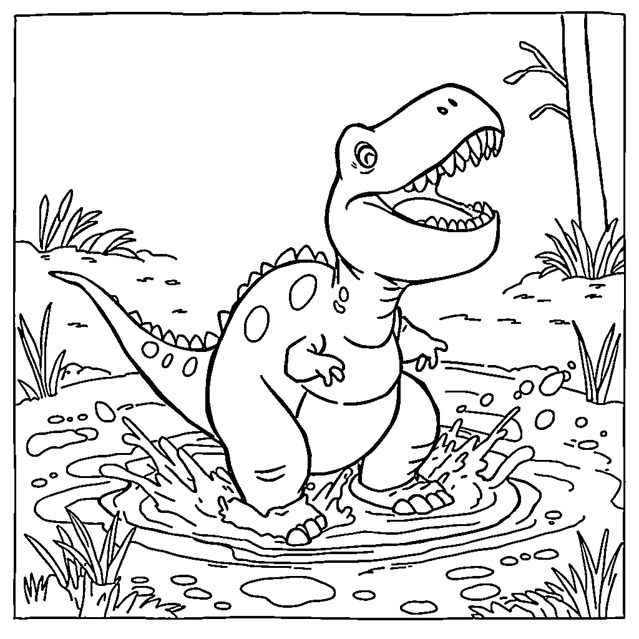 Dinosaurs Playing in Mud Coloring Page (free black-and-white line drawing printable PDF for all, from beginners to advanced learners, including children, teens, adults, and seniors)