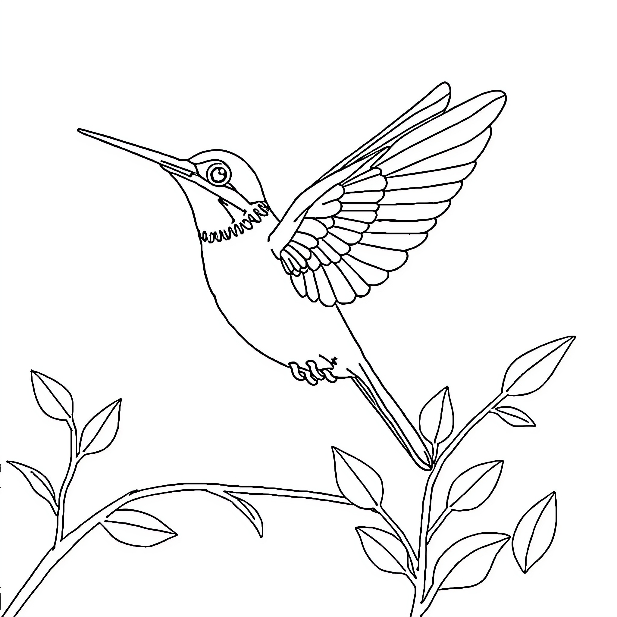 Hummingbird hovering among leafy branches Coloring Page (free black-and-white line drawing printable PDF for all, from beginners to advanced learners, including children, teens, adults, and seniors)