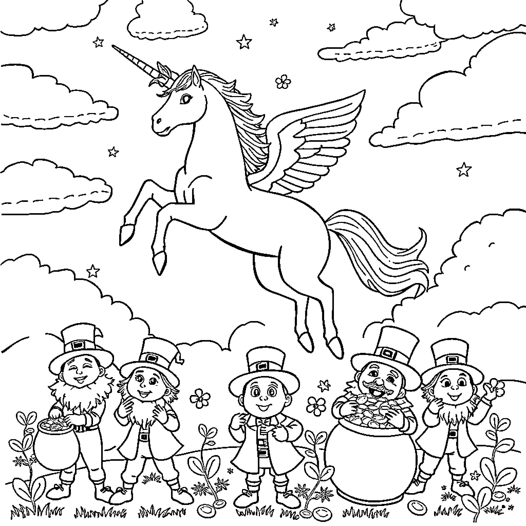 Unicorn flying gracefully over leprechauns in a whimsical scene Coloring Page (free black-and-white line drawing printable PDF for all, from beginners to advanced learners, including children, teens, adults, and seniors)