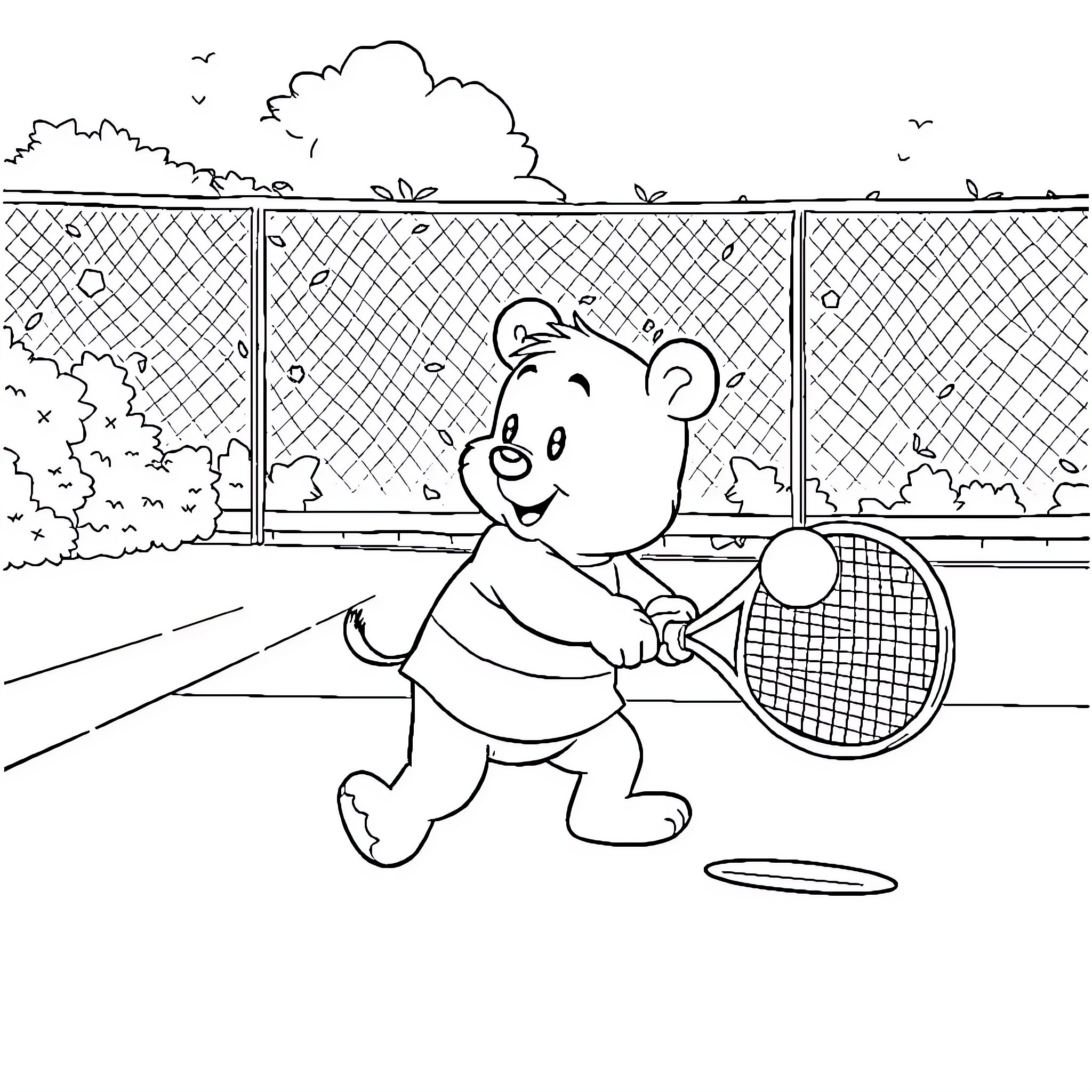 Winnie The Pooh Playing Tennis Happily Coloring Page (free black-and-white line drawing printable PDF for all, from beginners to advanced learners, including children, teens, adults, and seniors)