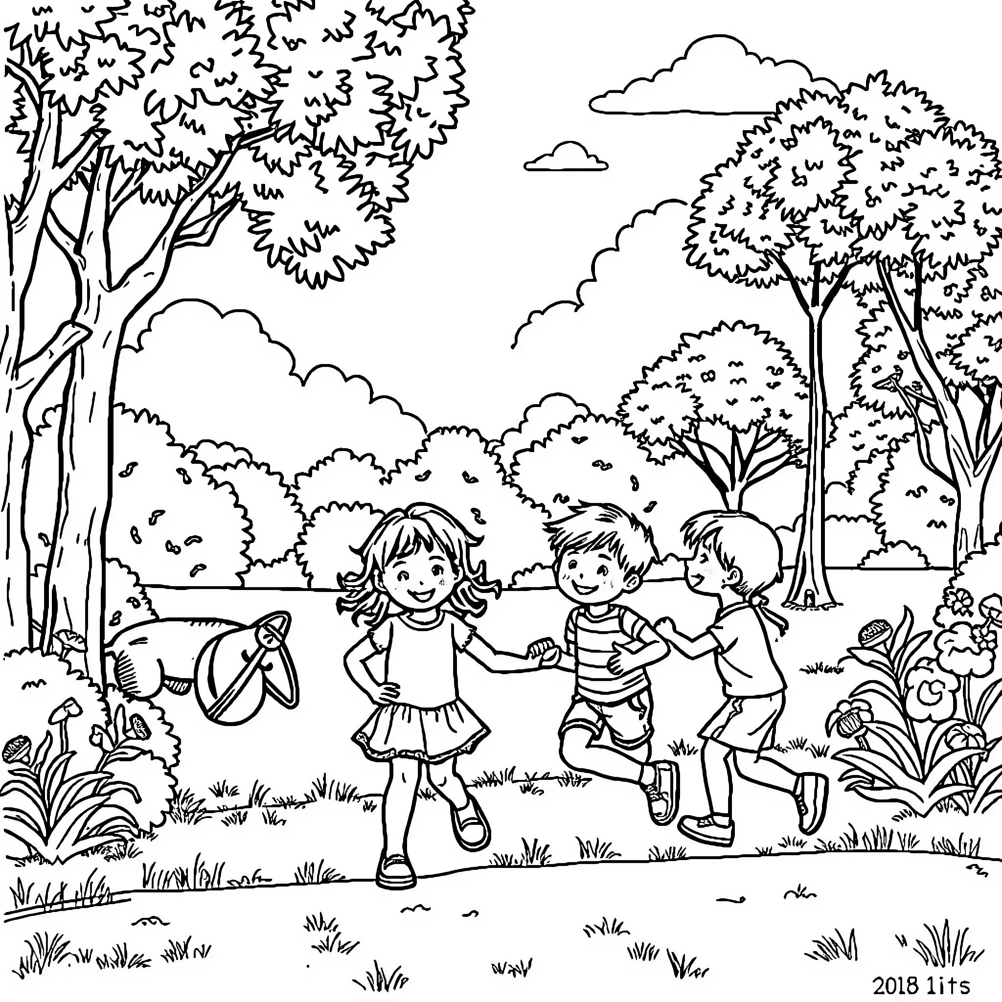 Kid playing in the forest with friends Coloring Page (free black-and-white line drawing printable PDF for all, from beginners to advanced learners, including children, teens, adults, and seniors)