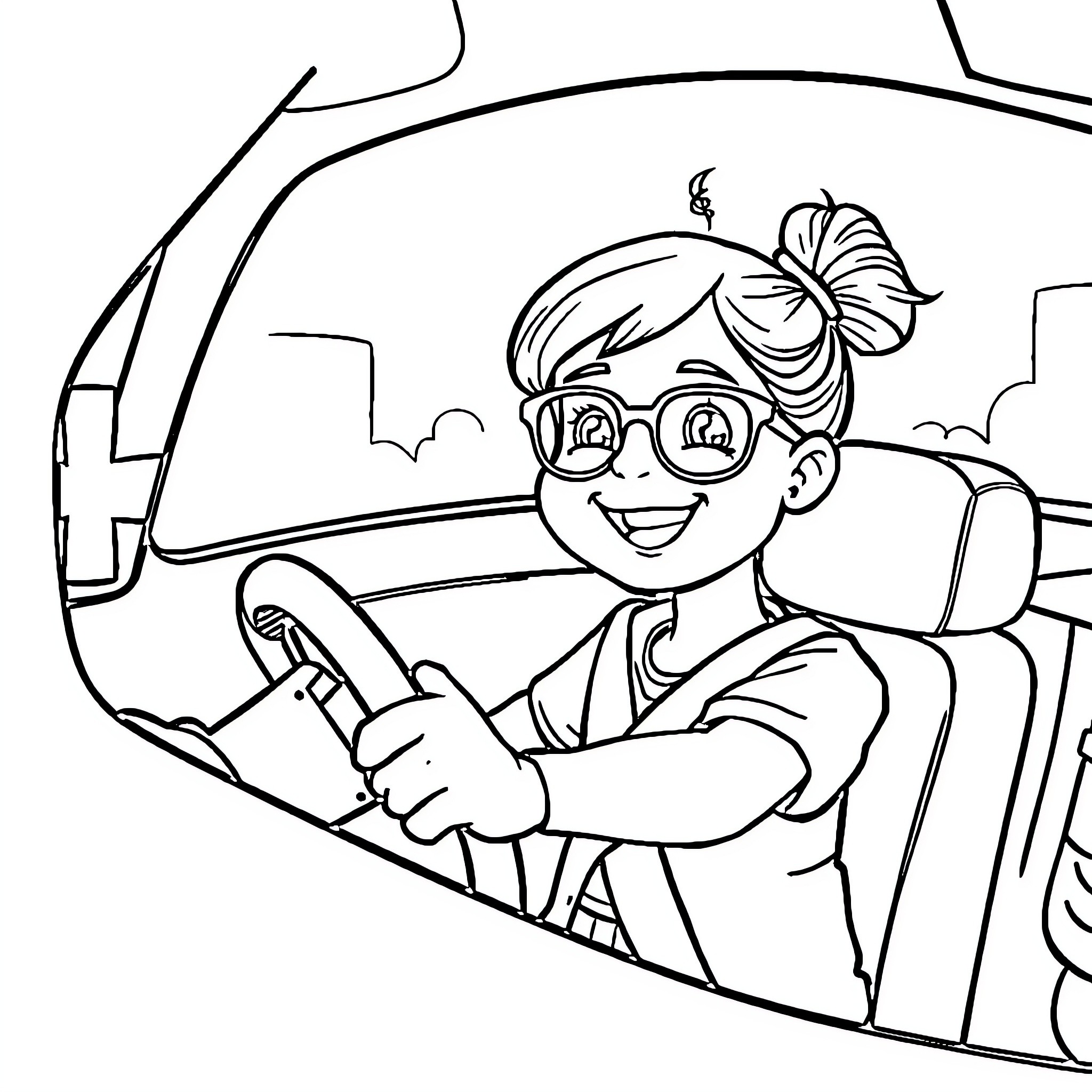Girl driving happily in the car Coloring Page (free black-and-white line drawing printable PDF for all, from beginners to advanced learners, including children, teens, adults, and seniors)