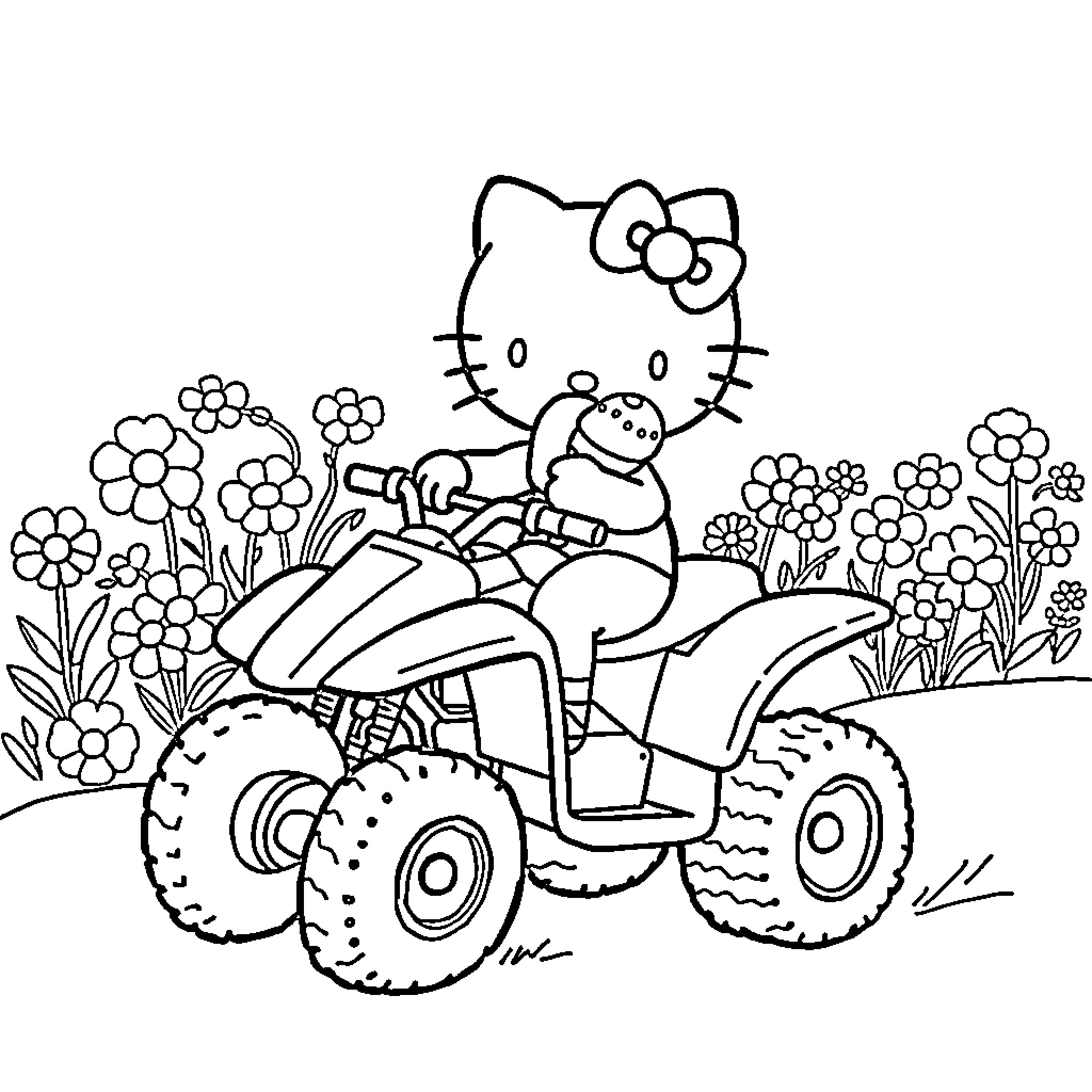 Hello Kitty riding on an ATV through a flowery field Coloring Page (free black-and-white line drawing printable PDF for all, from beginners to advanced learners, including children, teens, adults, and seniors)