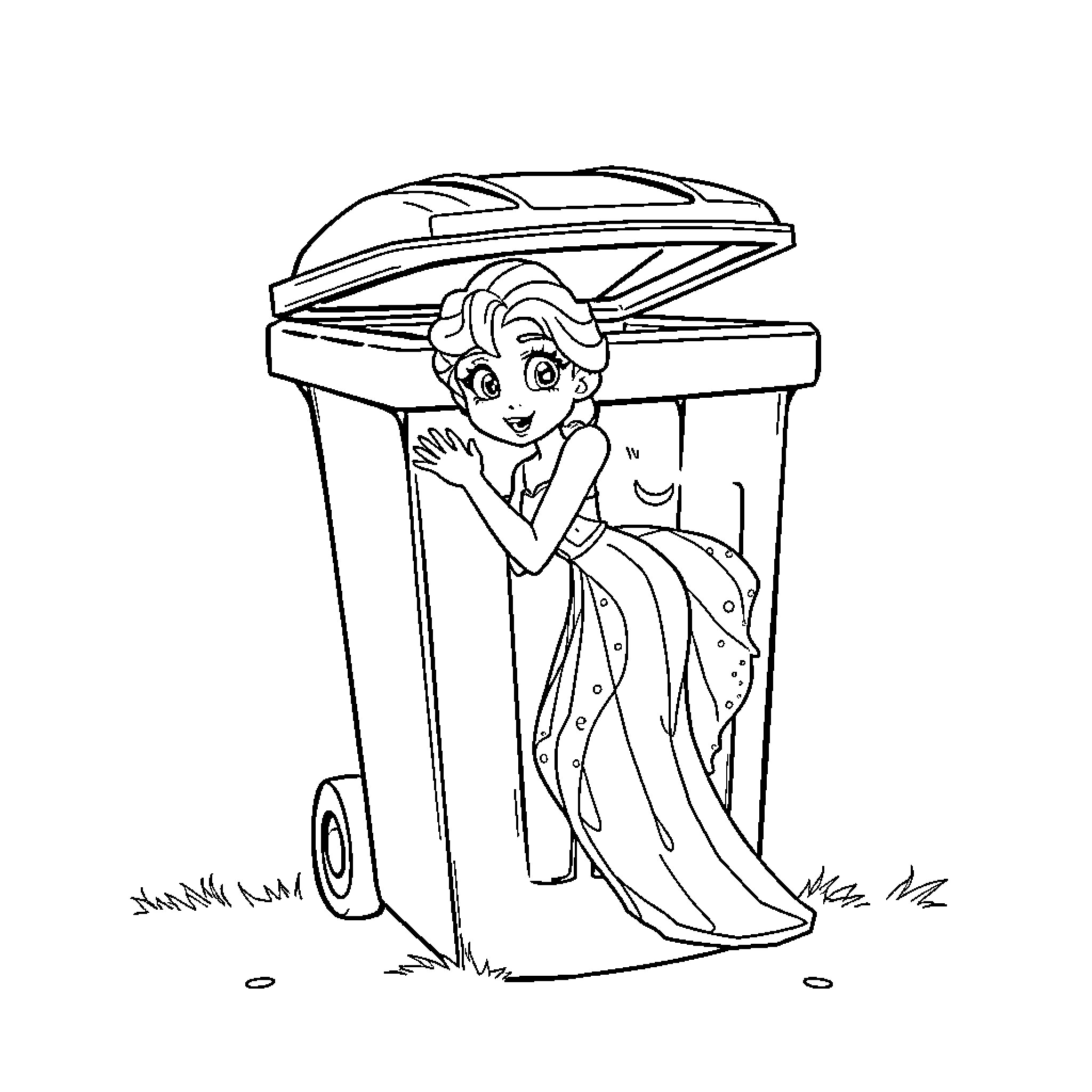 Elsa hiding in a trash bin with a dress Coloring Page (free black-and-white line drawing printable PDF for all, from beginners to advanced learners, including children, teens, adults, and seniors)