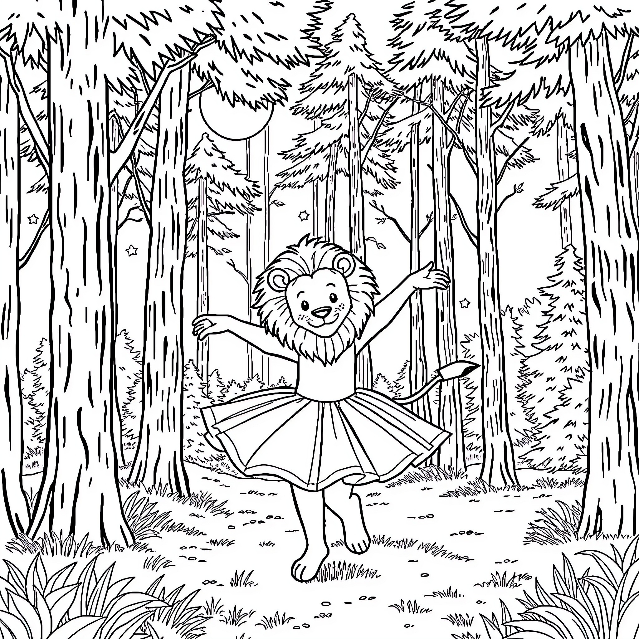 Lion dancing joyfully in the forest Coloring Page (free black-and-white line drawing printable PDF for all, from beginners to advanced learners, including children, teens, adults, and seniors)