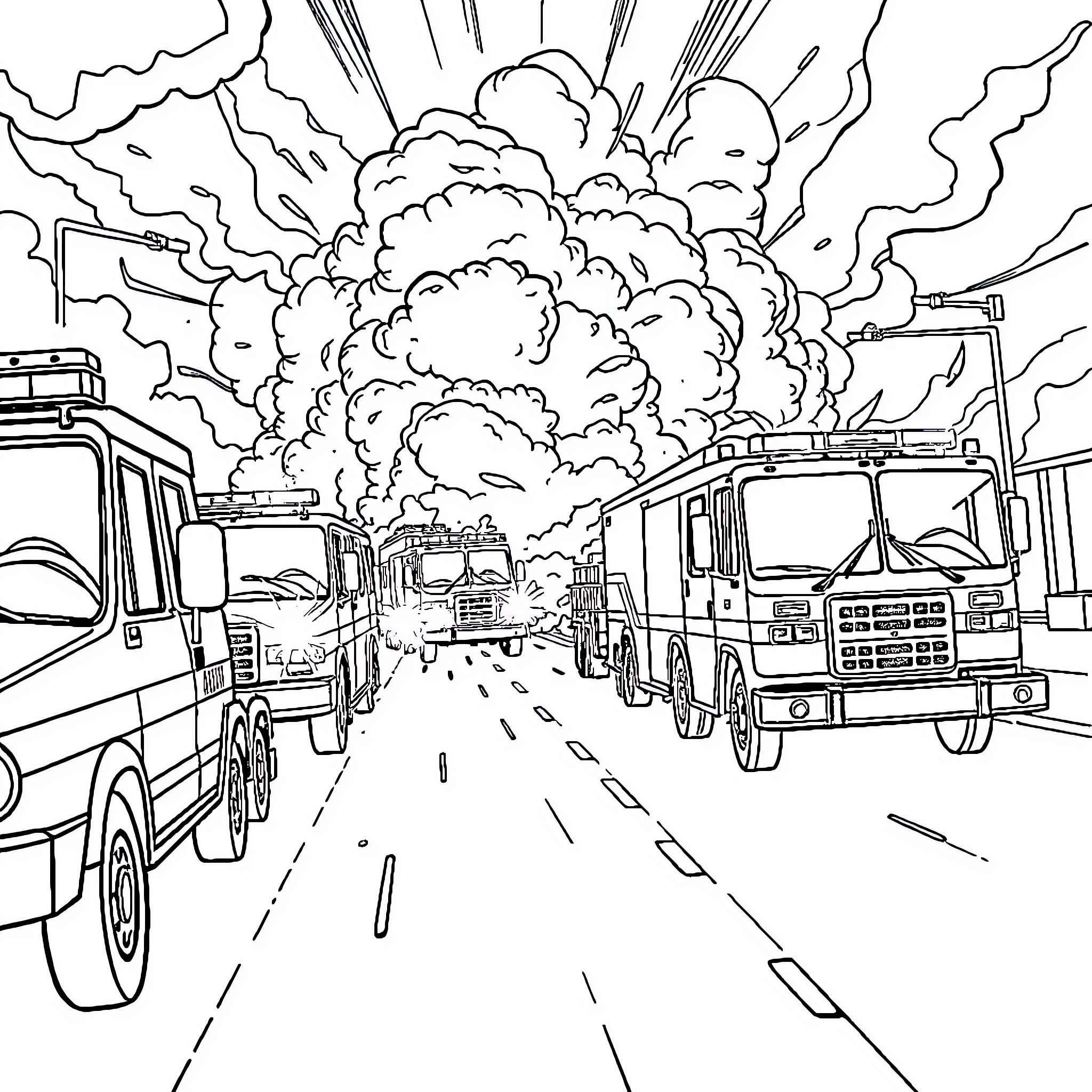 Emergency Vehicles Responding to Dramatic Scene Coloring Page (free black-and-white line drawing printable PDF for all, from beginners to advanced learners, including children, teens, adults, and seniors)