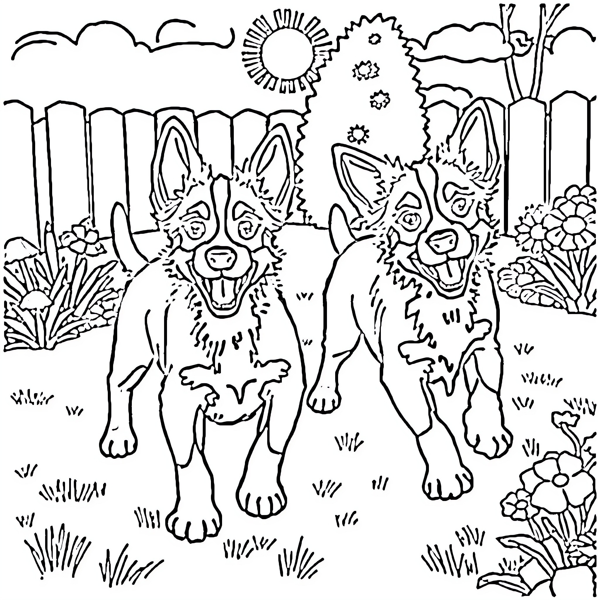 Bluey and Bingo playing together in the park Coloring Page (free black-and-white line drawing printable PDF for all, from beginners to advanced learners, including children, teens, adults, and seniors)