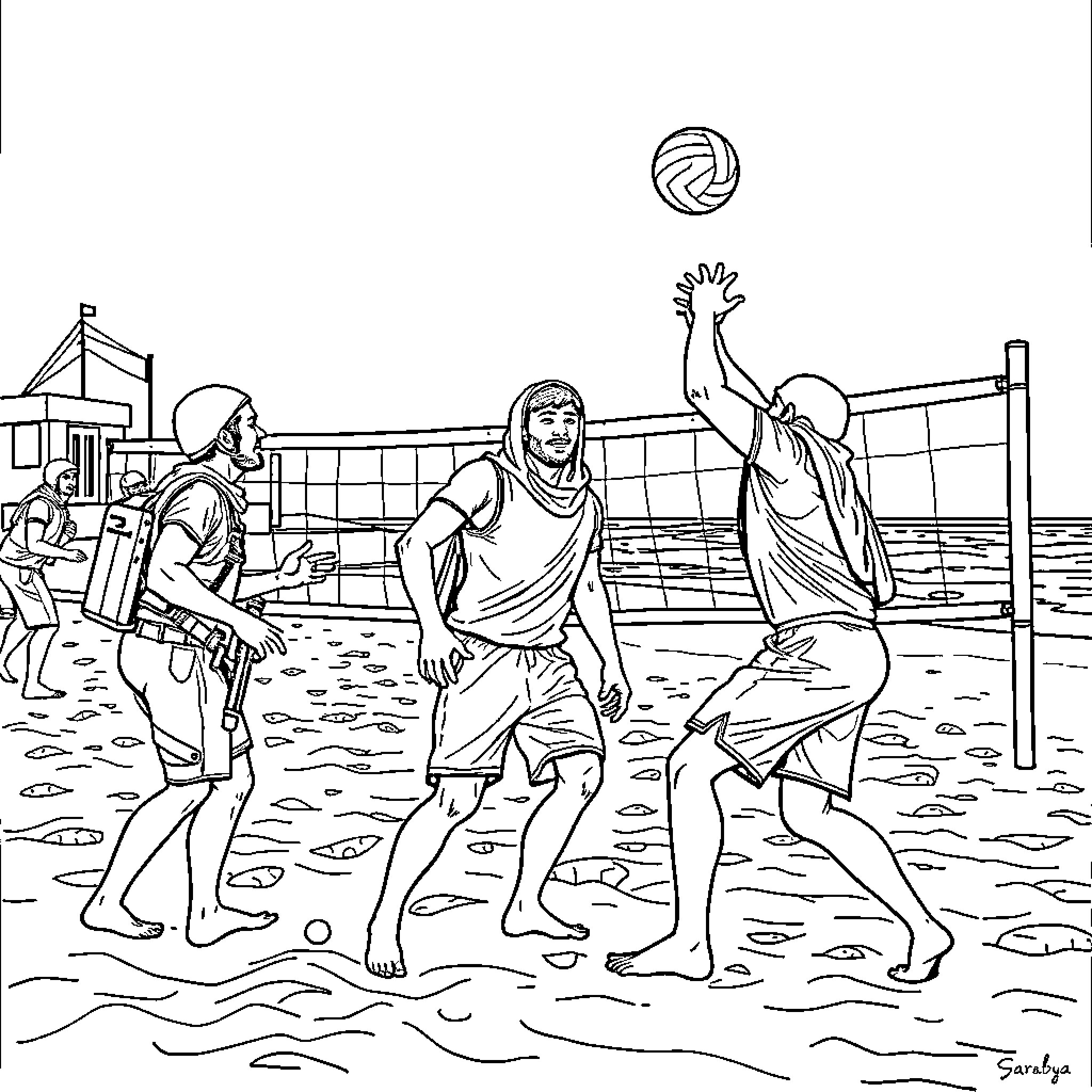 Guardian athletes competing in beach volleyball match Coloring Page (free black-and-white line drawing printable PDF for all, from beginners to advanced learners, including children, teens, adults, and seniors)