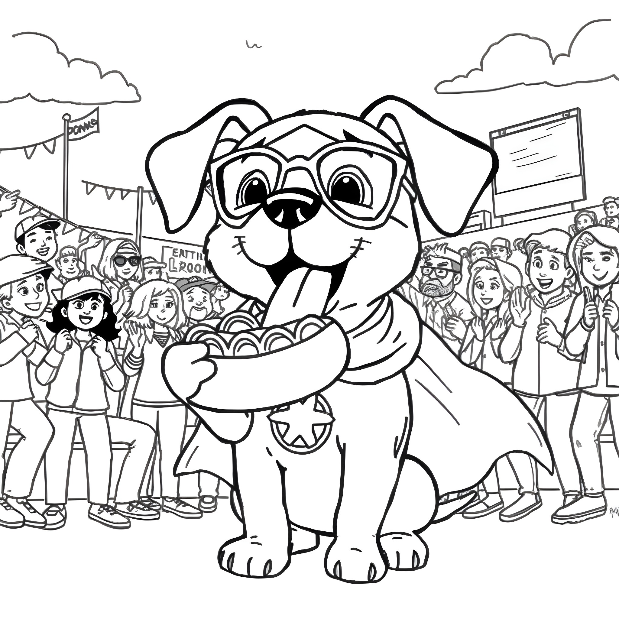 Dog attending a festival with a crowd Coloring Page (free black-and-white line drawing printable PDF for all, from beginners to advanced learners, including children, teens, adults, and seniors)