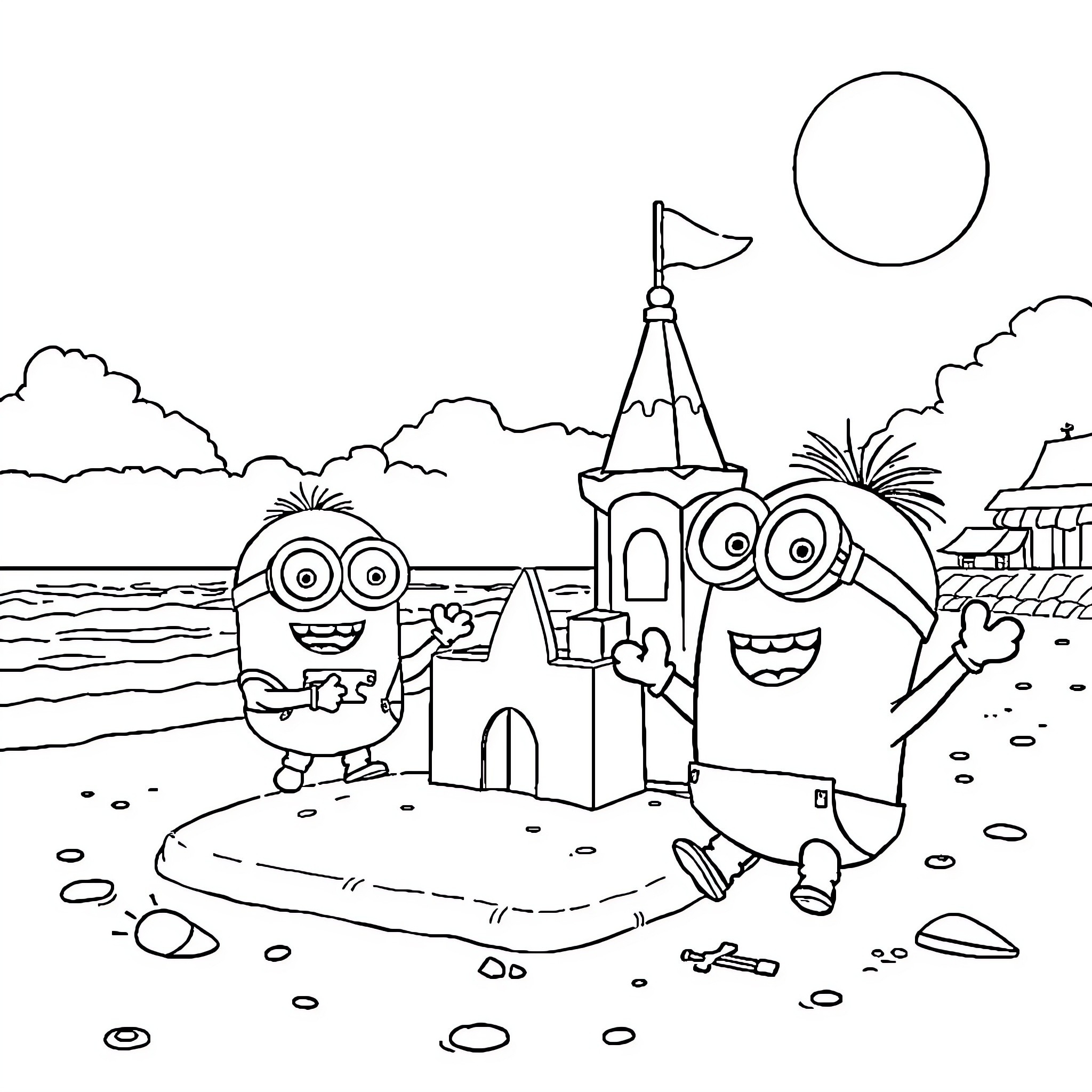 Minions building a sandcastle on the beach Coloring Page (free black-and-white line drawing printable PDF for all, from beginners to advanced learners, including children, teens, adults, and seniors)