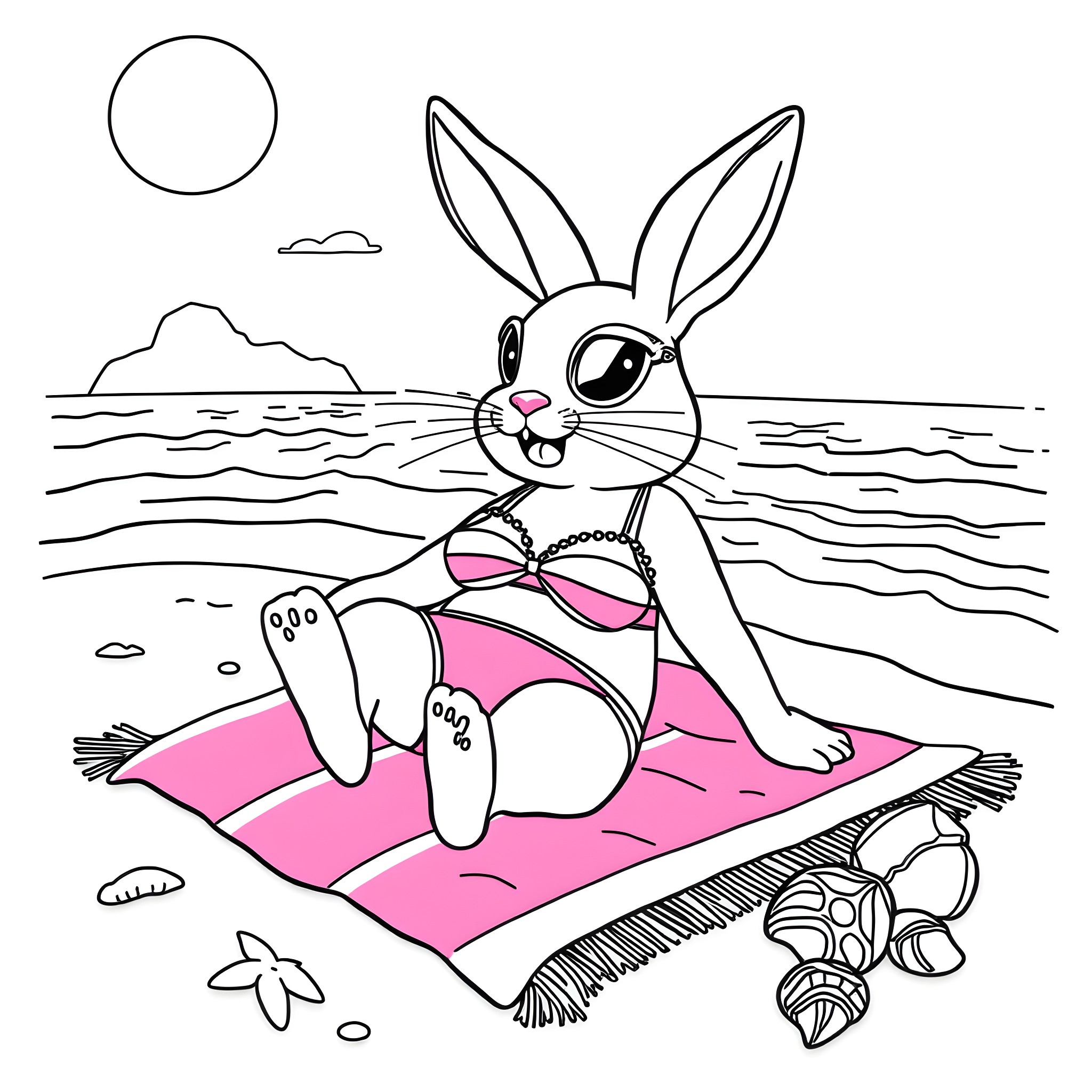 Bunny relaxing on the beach Coloring Page (free black-and-white line drawing printable PDF for all, from beginners to advanced learners, including children, teens, adults, and seniors)