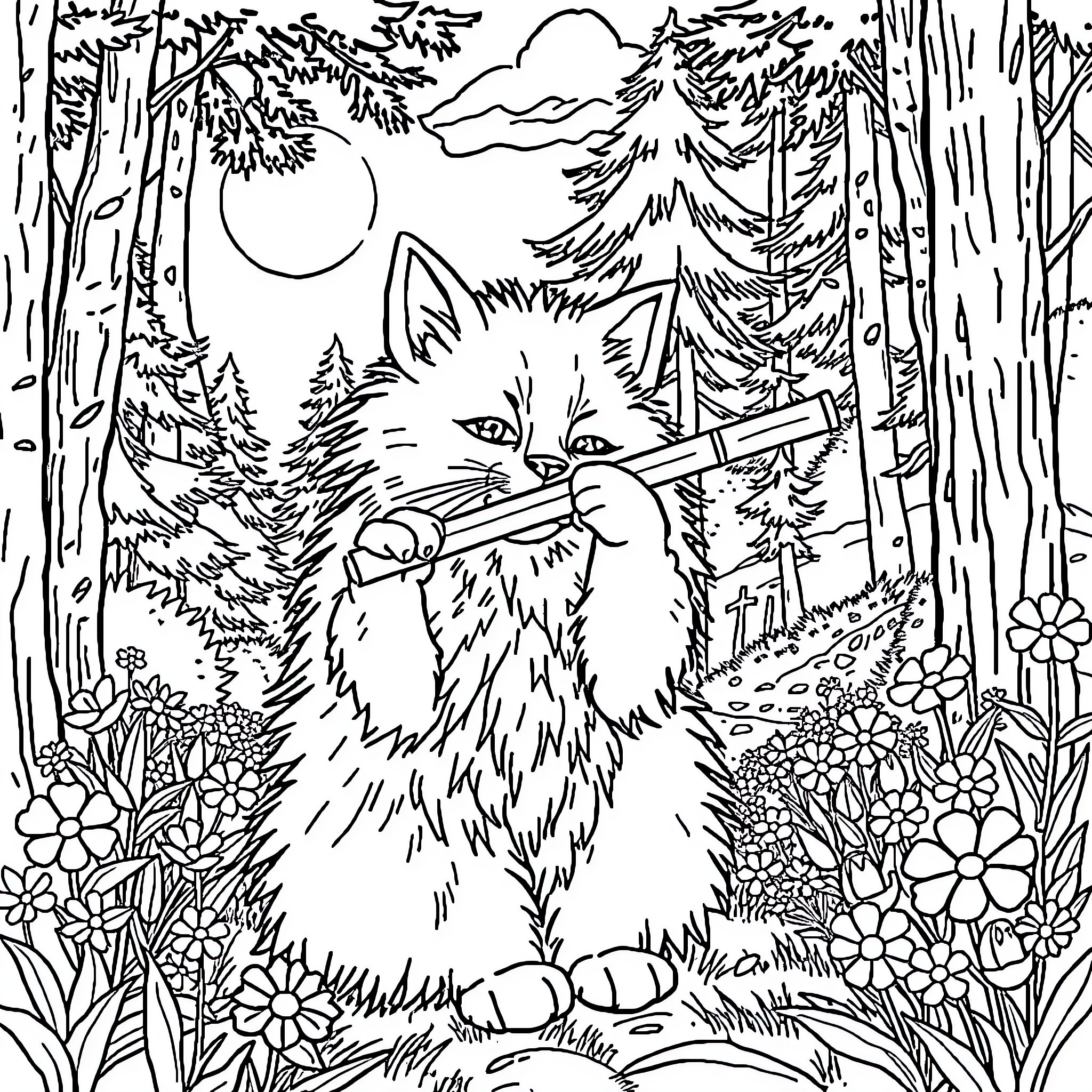 Cat exploring the enchanted forest Coloring Page (free black-and-white line drawing printable PDF for all, from beginners to advanced learners, including children, teens, adults, and seniors)