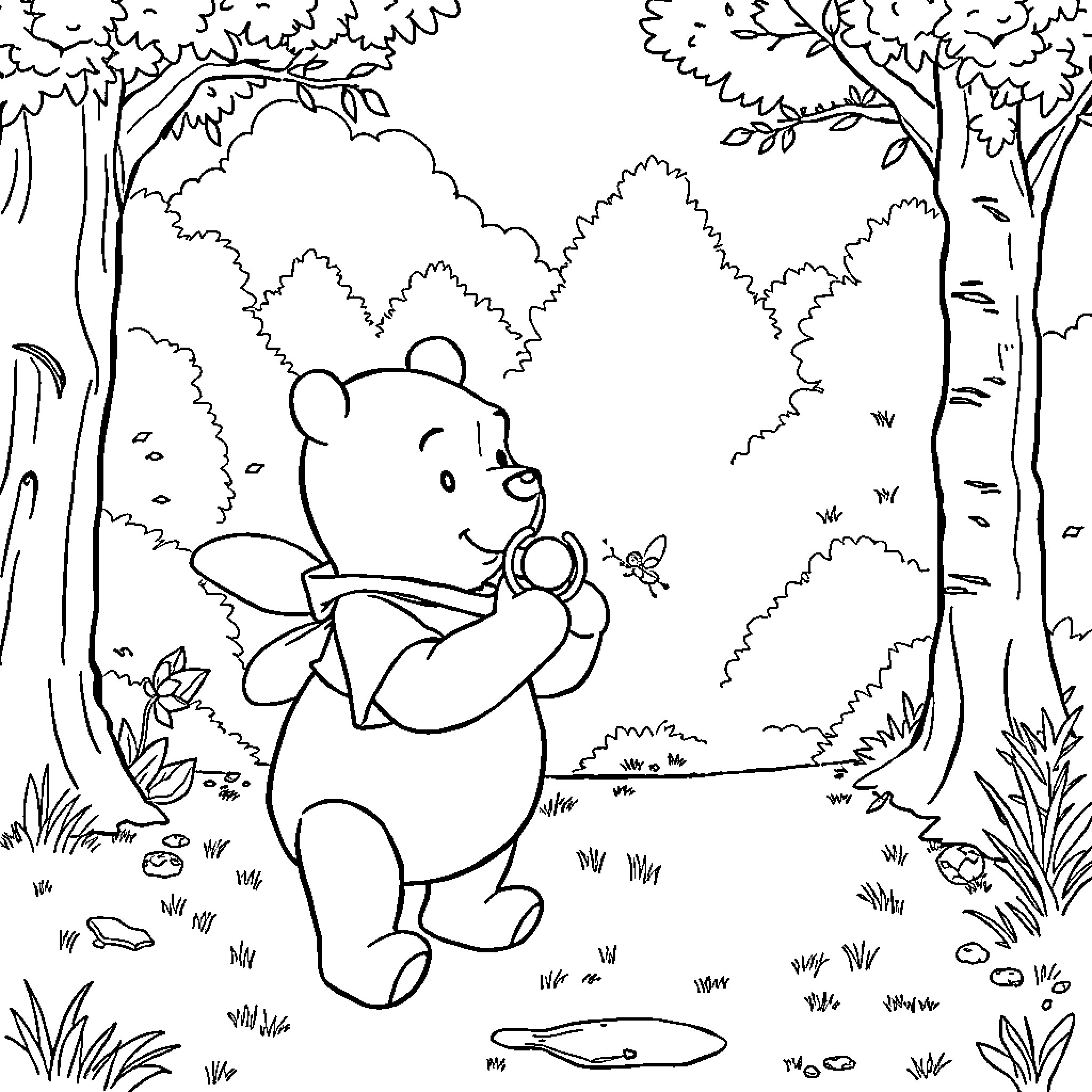 Winnie The Pooh exploring the forest Coloring Page (free black-and-white line drawing printable PDF for all, from beginners to advanced learners, including children, teens, adults, and seniors)