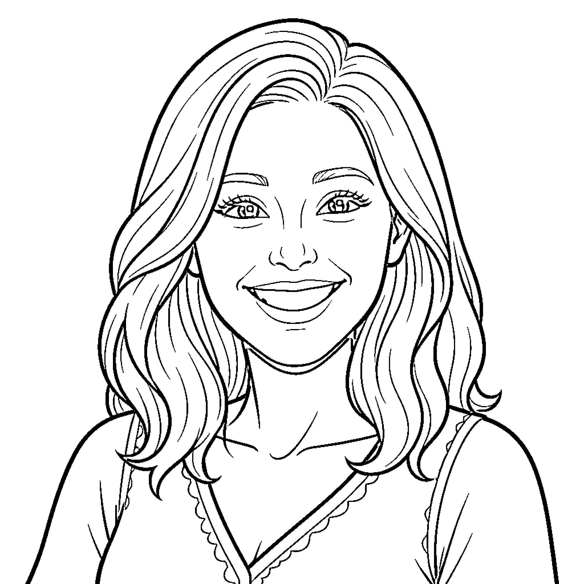 Wife smiling warmly with wavy hair Coloring Page (free black-and-white line drawing printable PDF for all, from beginners to advanced learners, including children, teens, adults, and seniors)