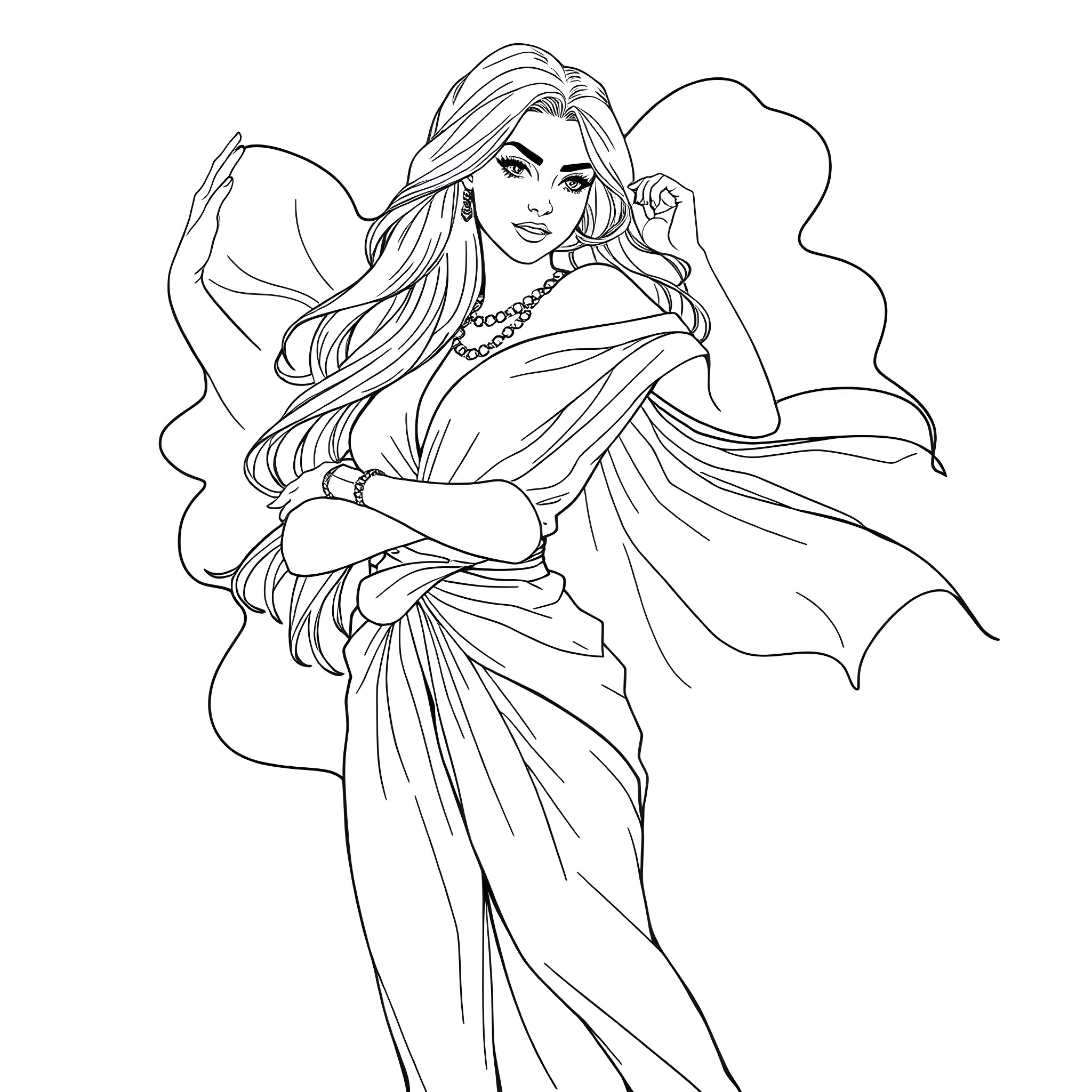 Girl in elegant dress posing gracefully Coloring Page (free black-and-white line drawing printable PDF for all, from beginners to advanced learners, including children, teens, adults, and seniors)