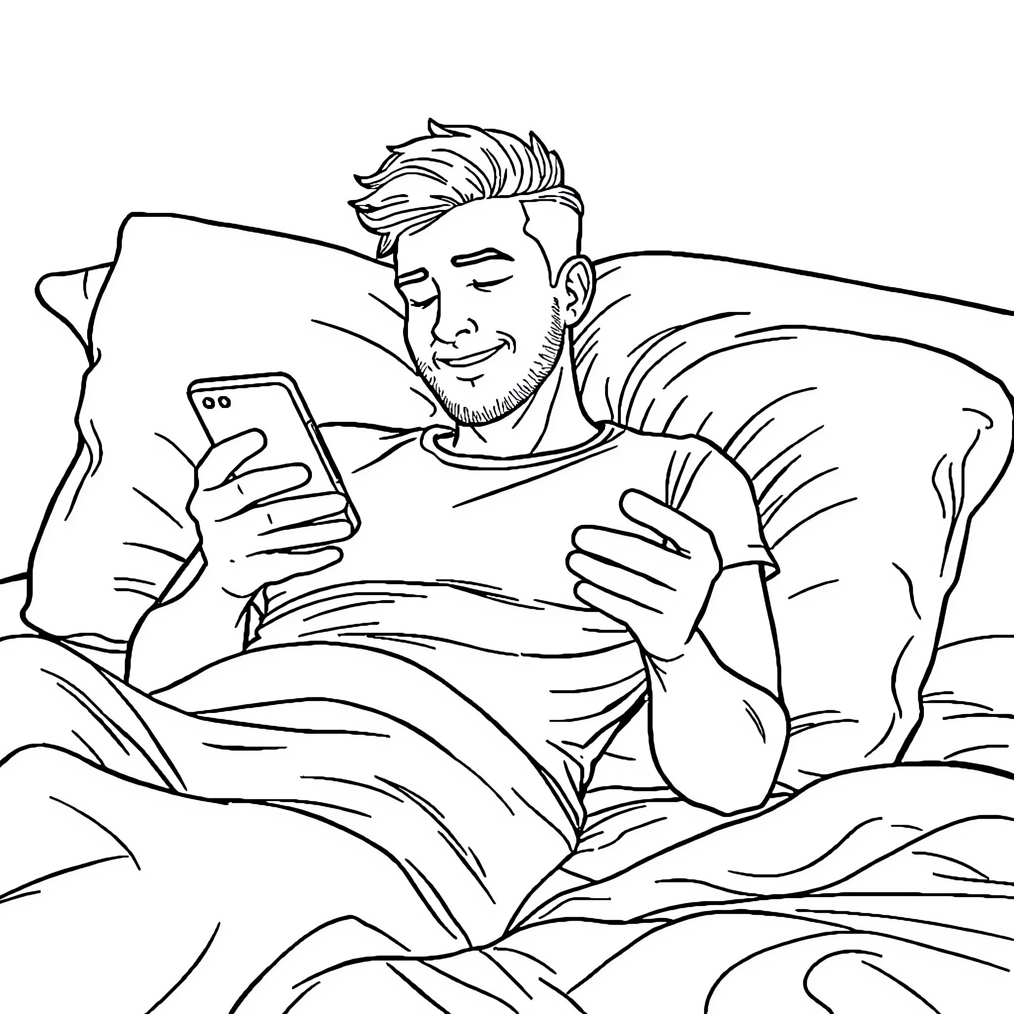 Guy relaxing in bed and using smartphone Coloring Page (free black-and-white line drawing printable PDF for all, from beginners to advanced learners, including children, teens, adults, and seniors)