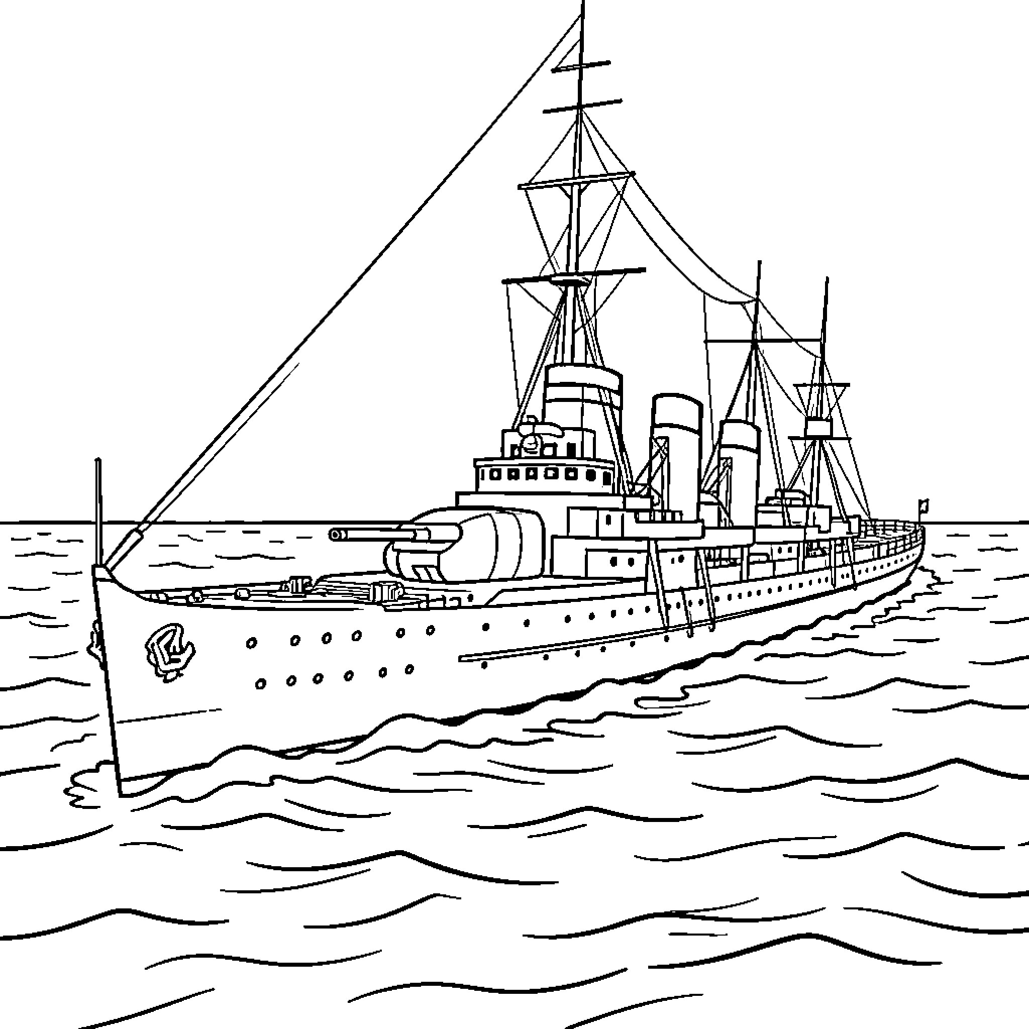 Bismarck battleship sailing through the wavy ocean waters Coloring Page (free black-and-white line drawing printable PDF for all, from beginners to advanced learners, including children, teens, adults, and seniors)
