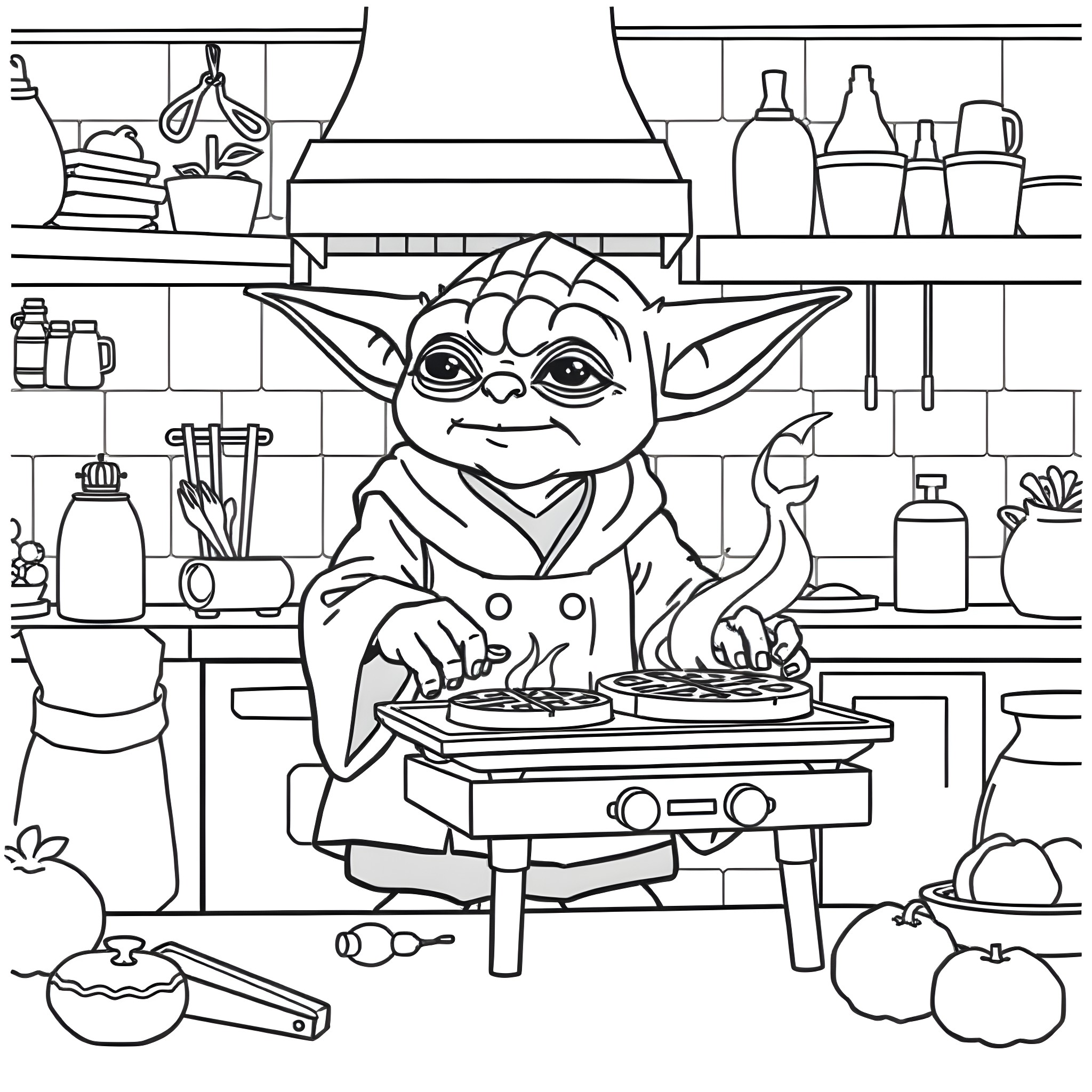 Yoda cooking in the kitchen Coloring Page (free black-and-white line drawing printable PDF for all, from beginners to advanced learners, including children, teens, adults, and seniors)