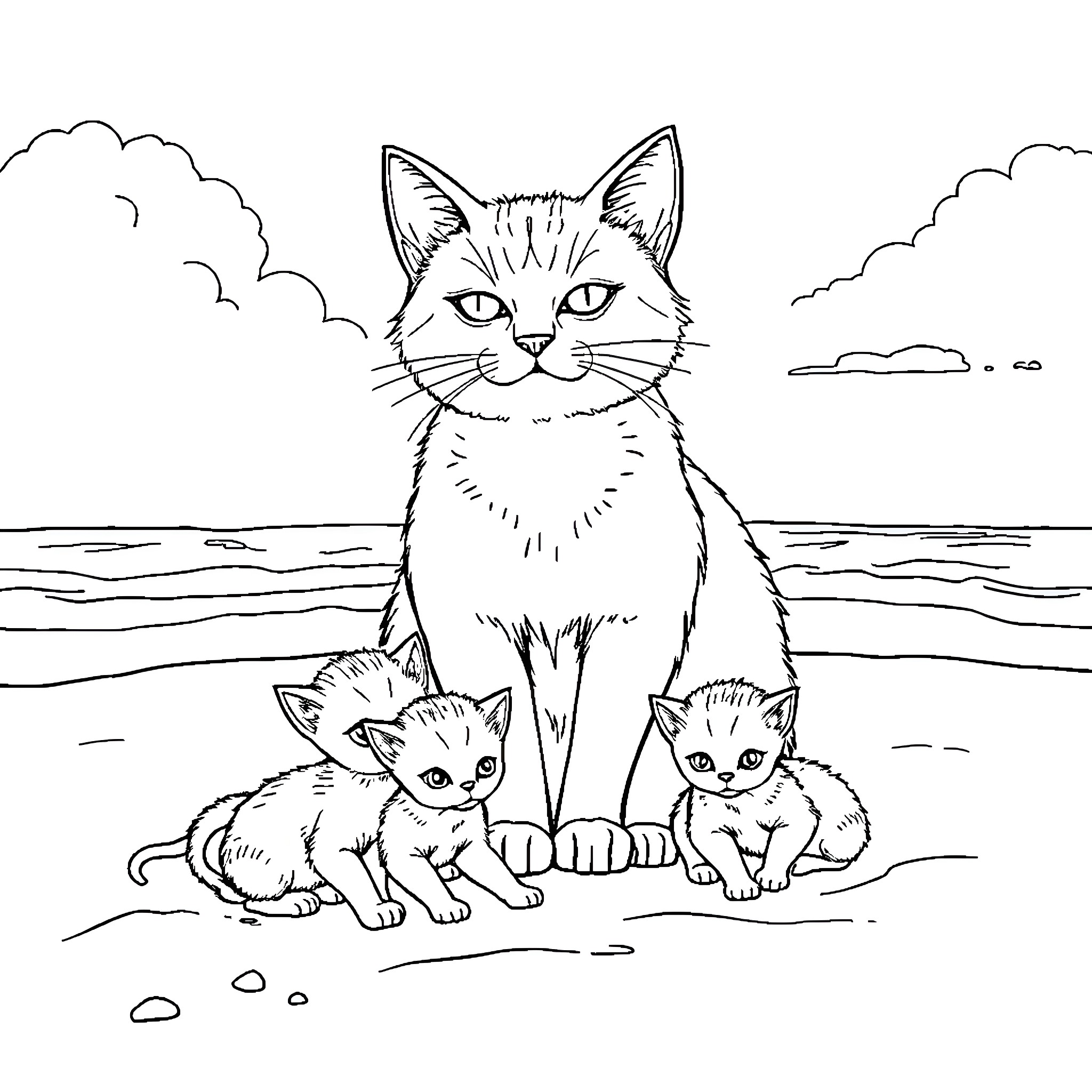 Cat with kittens on the beach Coloring Page (free black-and-white line drawing printable PDF for all, from beginners to advanced learners, including children, teens, adults, and seniors)