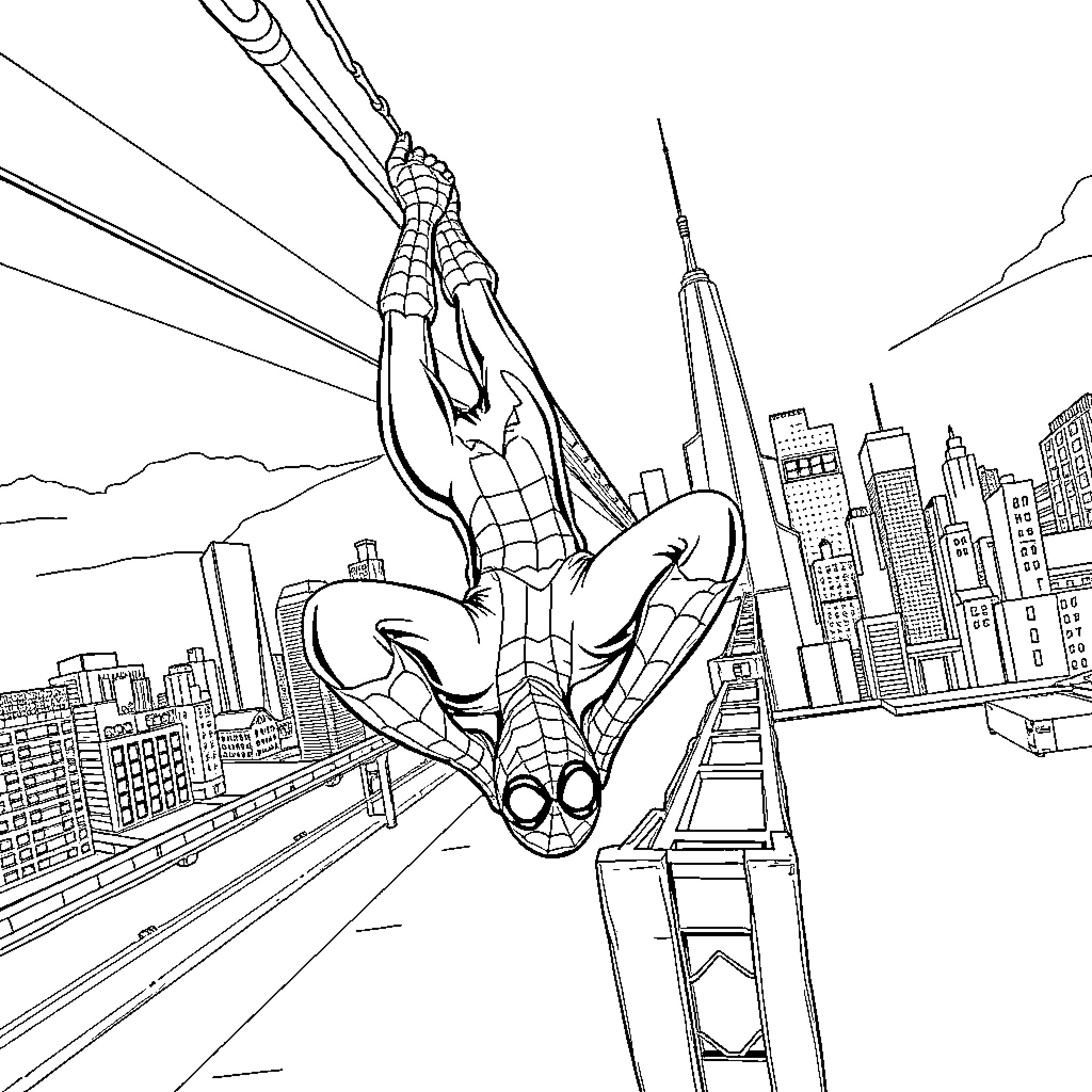 Spider-Man swinging through the city skyline Coloring Page (free black-and-white line drawing printable PDF for all, from beginners to advanced learners, including children, teens, adults, and seniors)