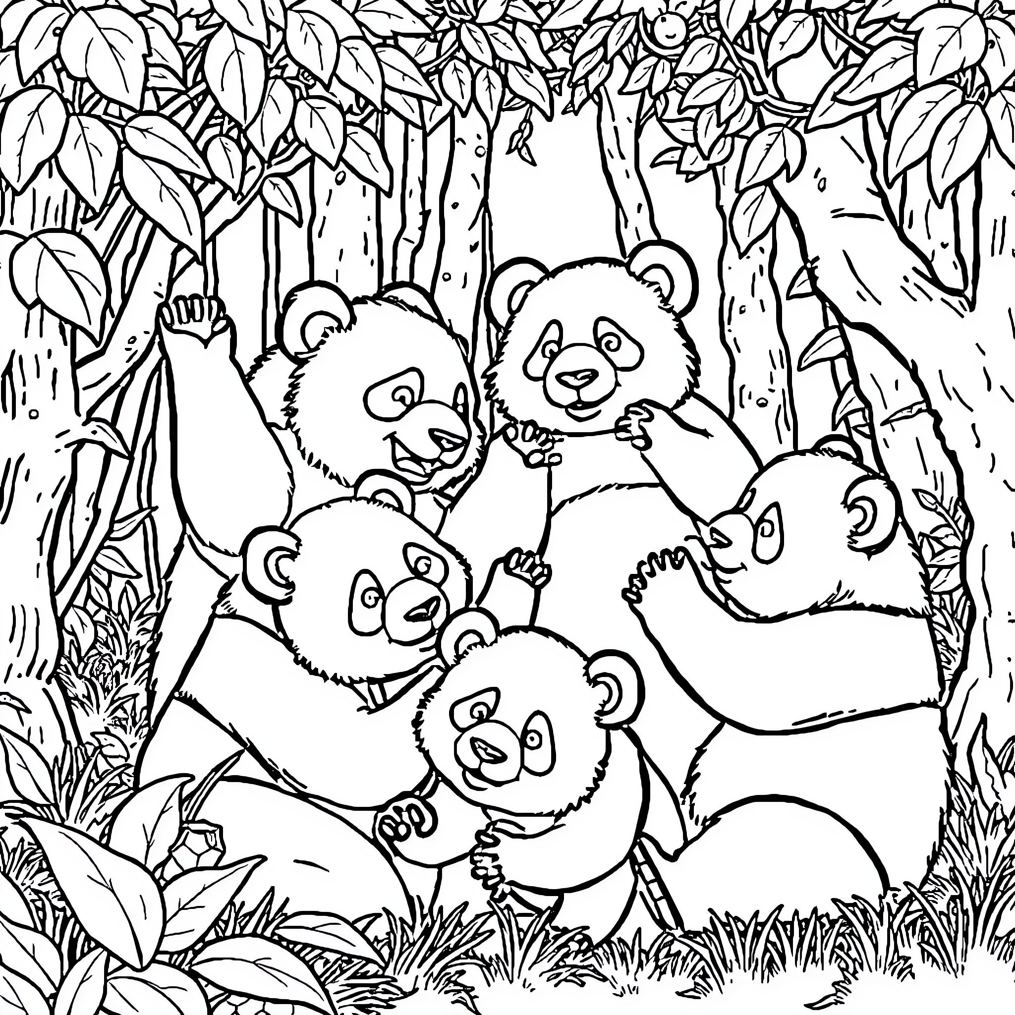 Pandas Playing in the Lush Forest Coloring Page (free black-and-white line drawing printable PDF for all, from beginners to advanced learners, including children, teens, adults, and seniors)