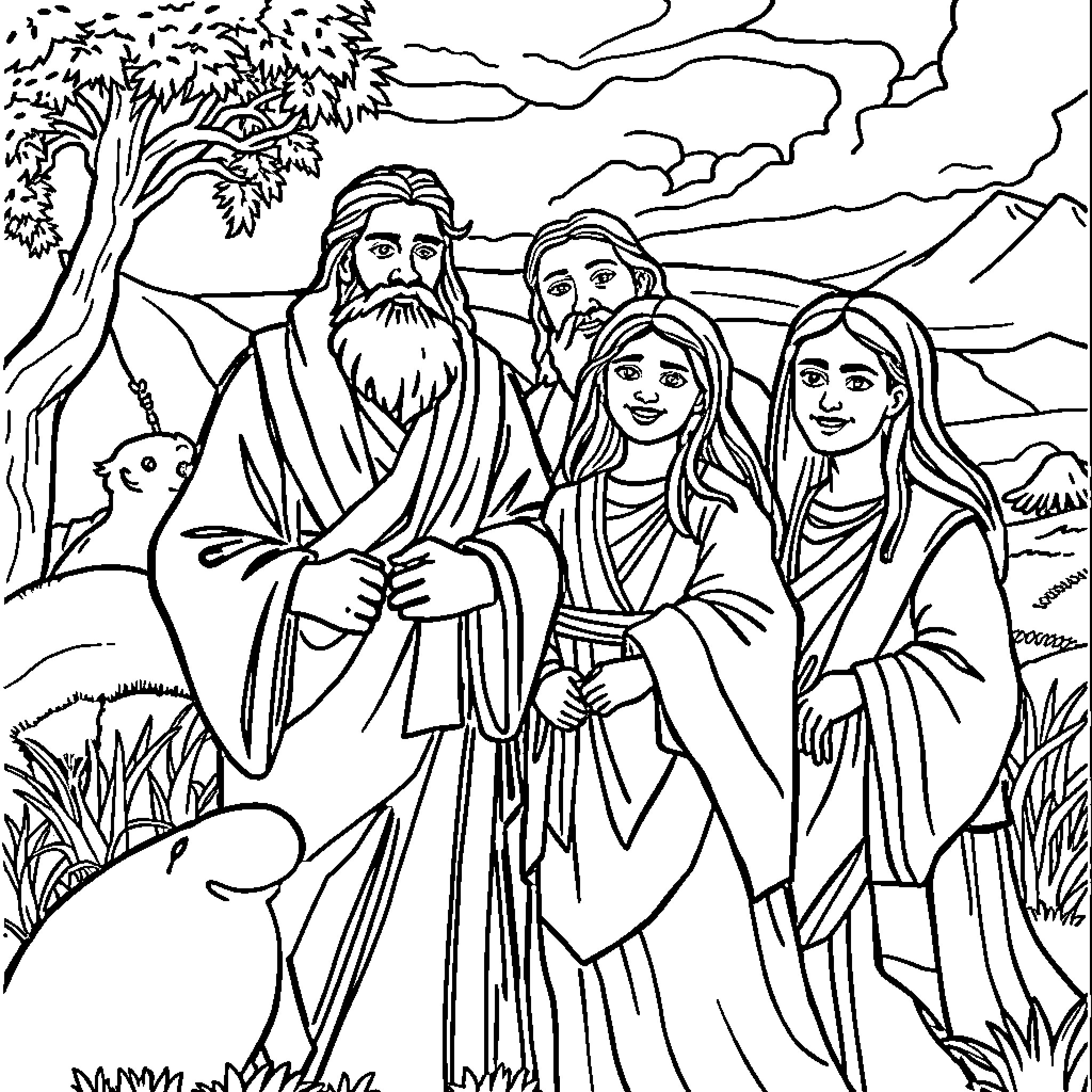 Noah and his family in the wilderness Coloring Page (free black-and-white line drawing printable PDF for all, from beginners to advanced learners, including children, teens, adults, and seniors)