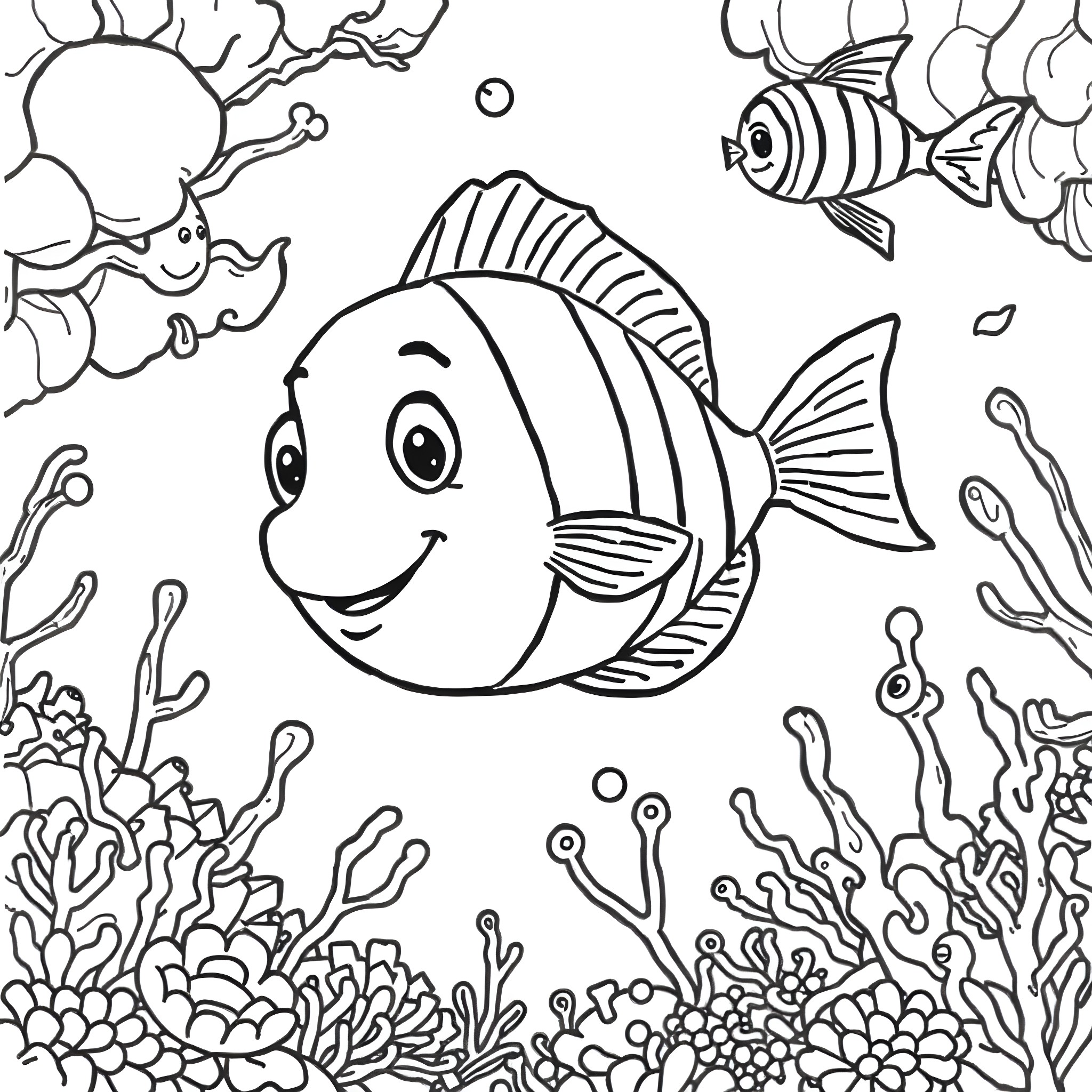 Flounder swimming among colorful marine life Coloring Page (free black-and-white line drawing printable PDF for all, from beginners to advanced learners, including children, teens, adults, and seniors)