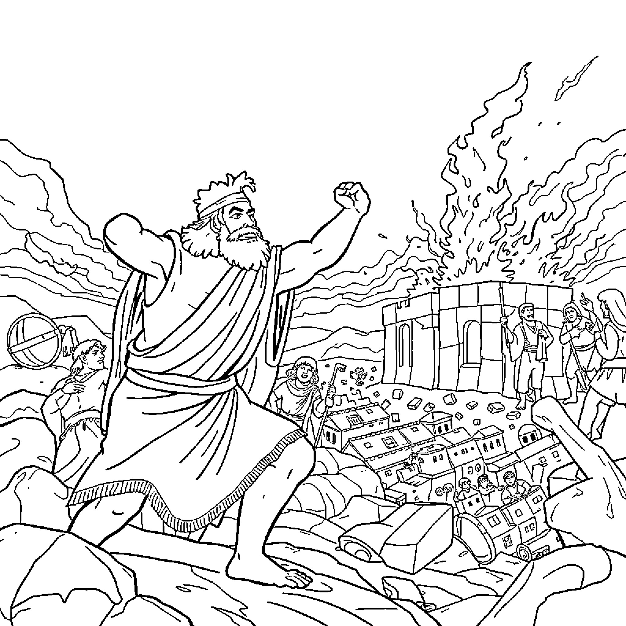 Samson's Mighty Strength and Divine Judgment Coloring Page (free black-and-white line drawing printable PDF for all, from beginners to advanced learners, including children, teens, adults, and seniors)
