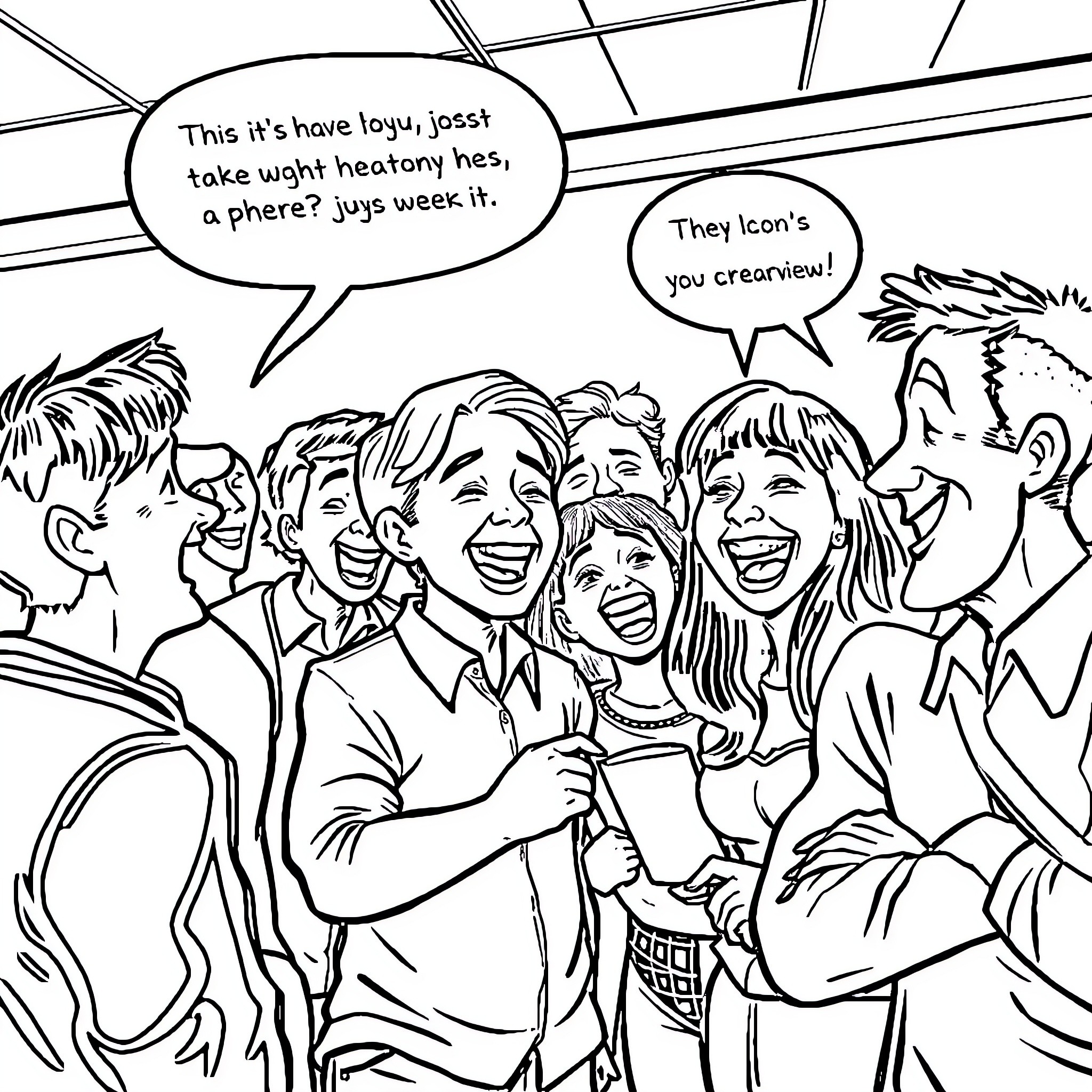 Funny group of friends laughing and joking together Coloring Page (free black-and-white line drawing printable PDF for all, from beginners to advanced learners, including children, teens, adults, and seniors)