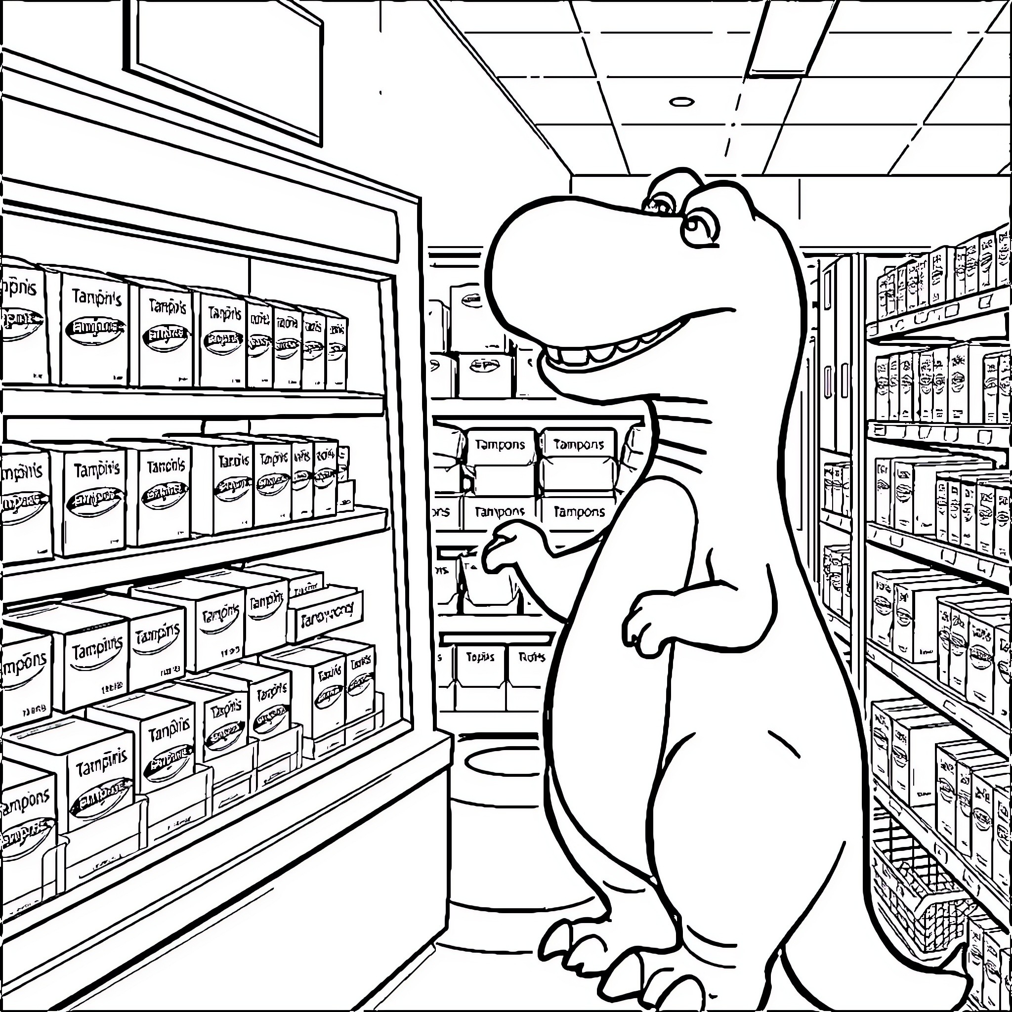 Barney Explores the Supermarket Aisles Coloring Page (free black-and-white line drawing printable PDF for all, from beginners to advanced learners, including children, teens, adults, and seniors)