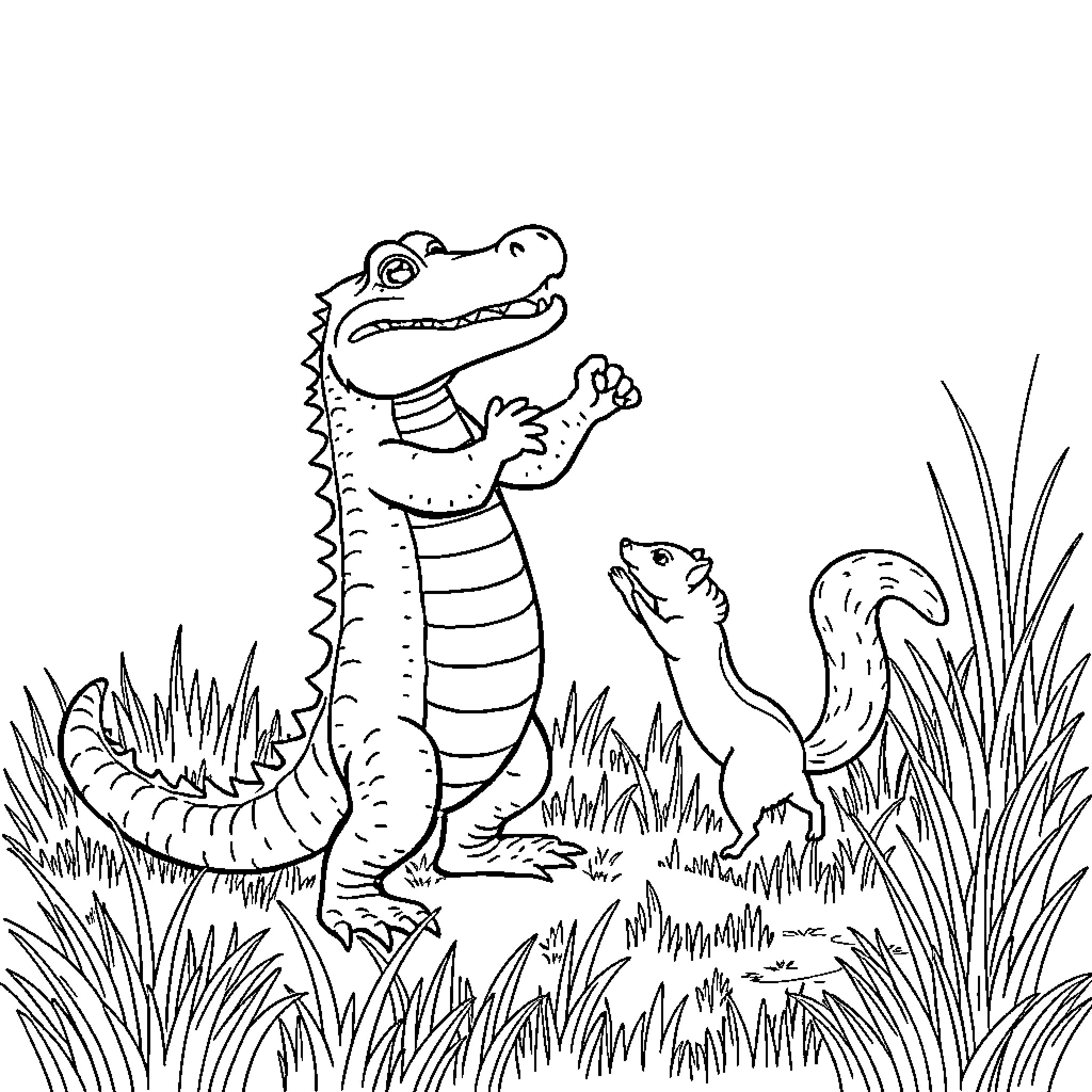Alligator playing with baby alligator in the grass Coloring Page (free black-and-white line drawing printable PDF for all, from beginners to advanced learners, including children, teens, adults, and seniors)