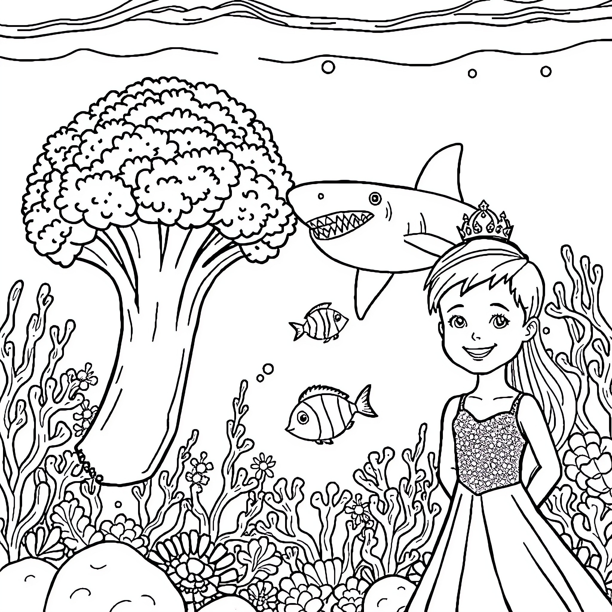 Broccoli Mermaid and Shark in Underwater Garden Coloring Page (free black-and-white line drawing printable PDF for all, from beginners to advanced learners, including children, teens, adults, and seniors)