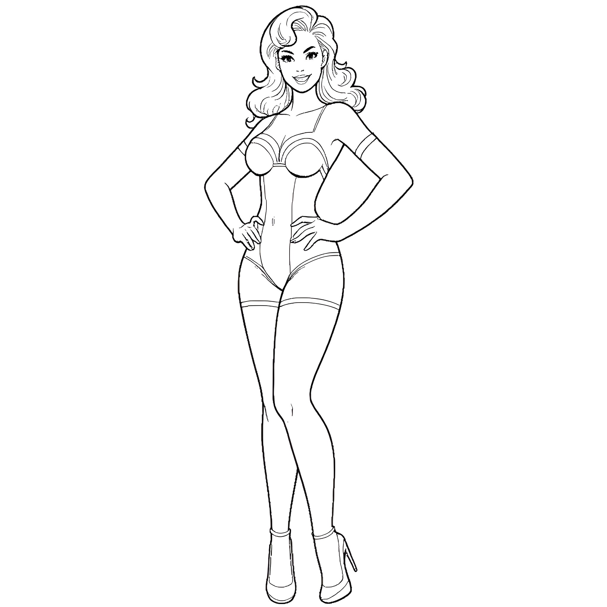 Bettie Paige posing in iconic lingerie outfit Coloring Page (free black-and-white line drawing printable PDF for all, from beginners to advanced learners, including children, teens, adults, and seniors)