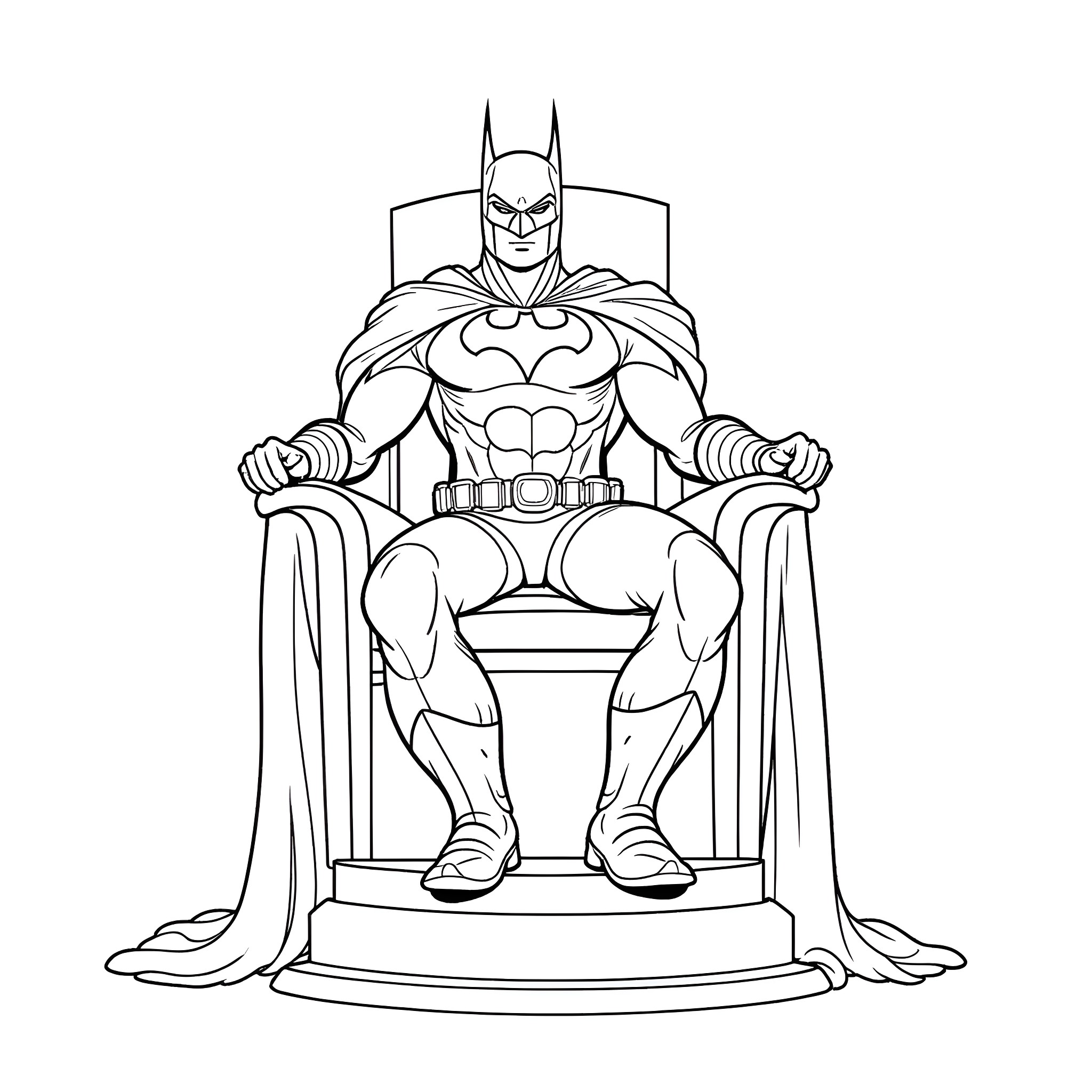 Batman sitting on a throne with a stern expression Coloring Page (free black-and-white line drawing printable PDF for all, from beginners to advanced learners, including children, teens, adults, and seniors)
