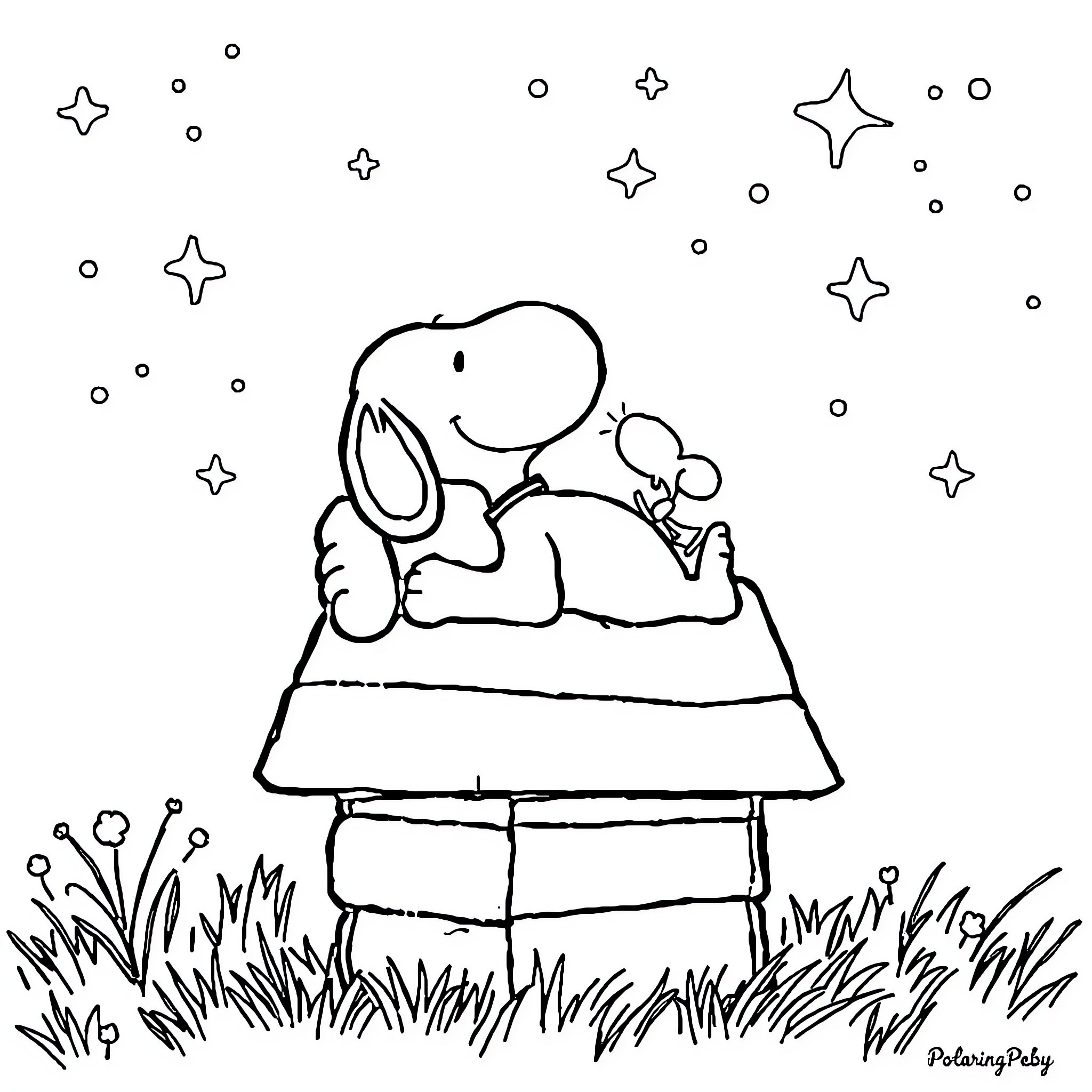 Snoopy dreaming under the starry sky Coloring Page (free black-and-white line drawing printable PDF for all, from beginners to advanced learners, including children, teens, adults, and seniors)