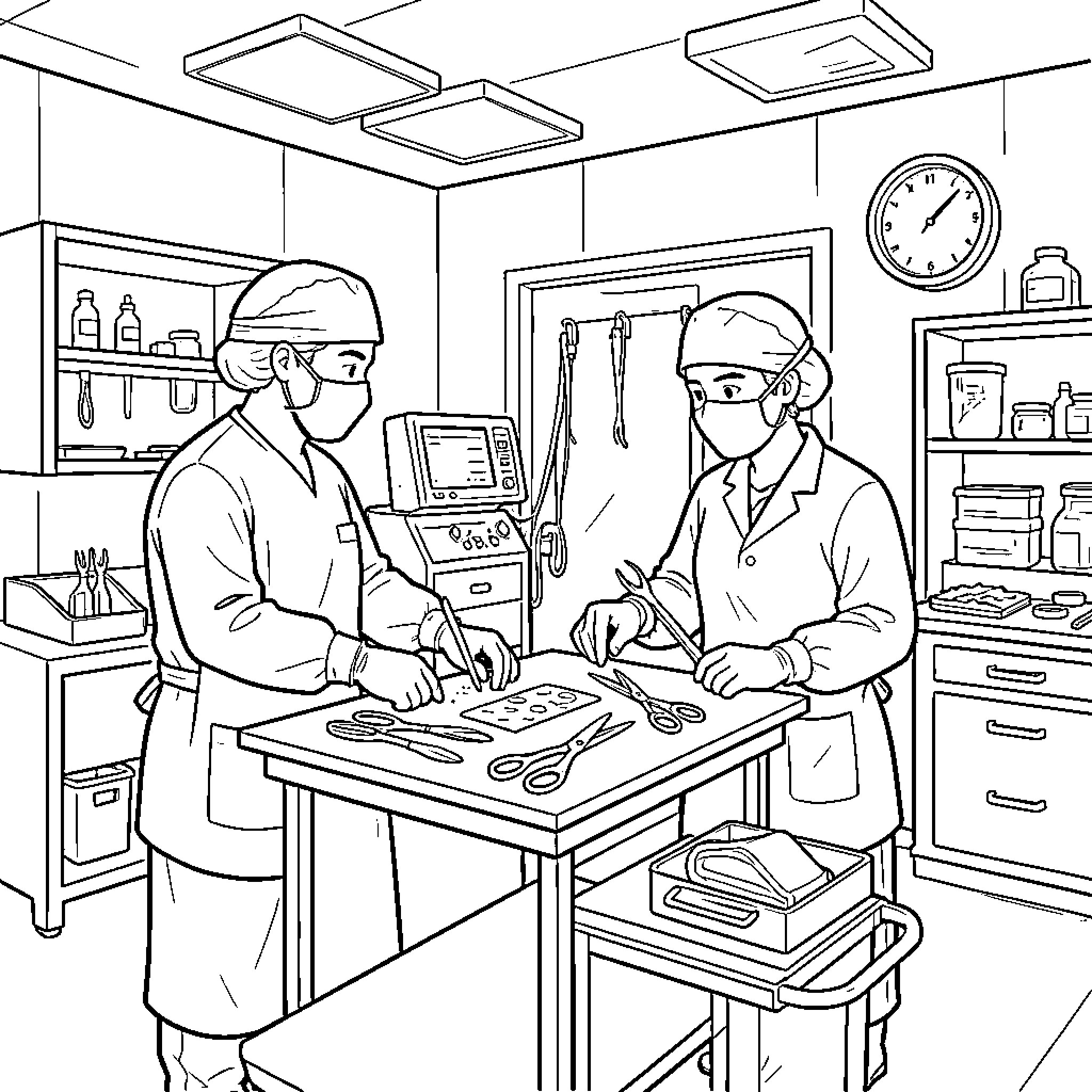 Sterile Processing technicians preparing medical instruments in a lab Coloring Page (free black-and-white line drawing printable PDF for all, from beginners to advanced learners, including children, teens, adults, and seniors)