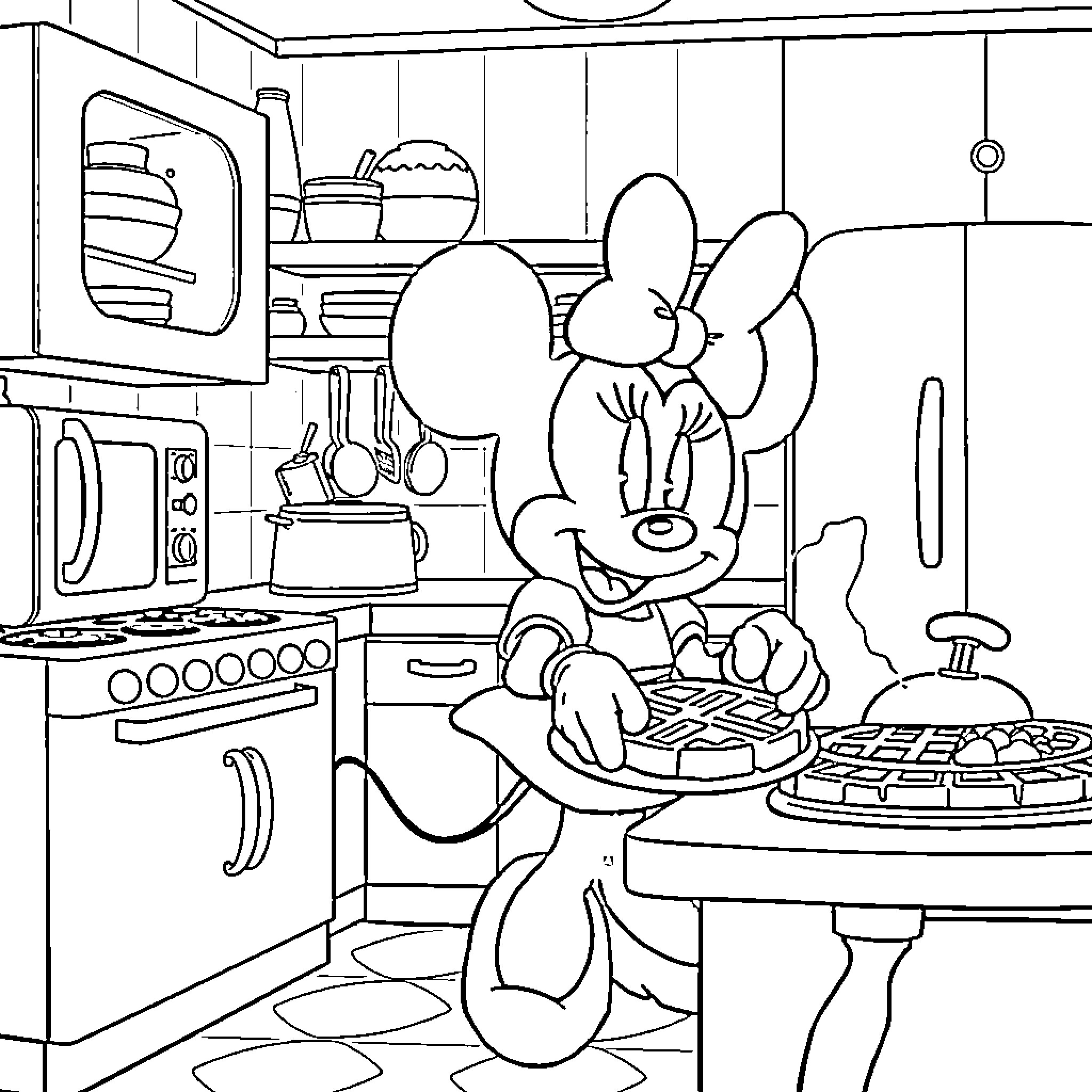 Minnie Mouse baking in the kitchen Coloring Page (free black-and-white line drawing printable PDF for all, from beginners to advanced learners, including children, teens, adults, and seniors)