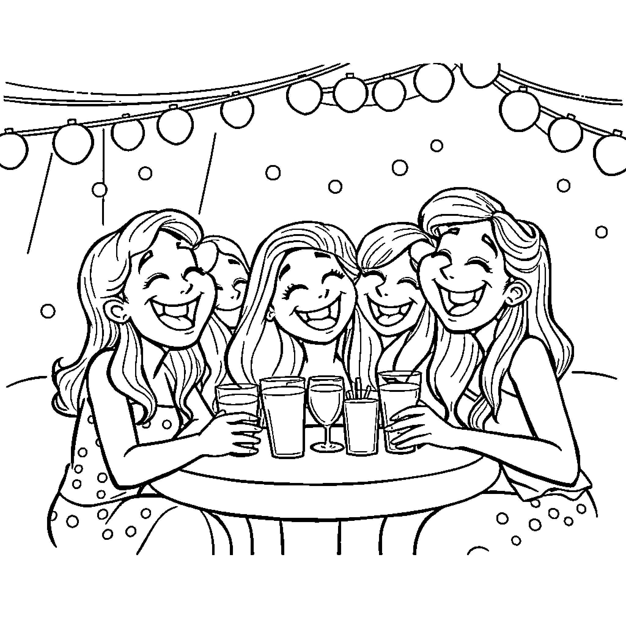 Loofie friends enjoying a fun night out Coloring Page (free black-and-white line drawing printable PDF for all, from beginners to advanced learners, including children, teens, adults, and seniors)