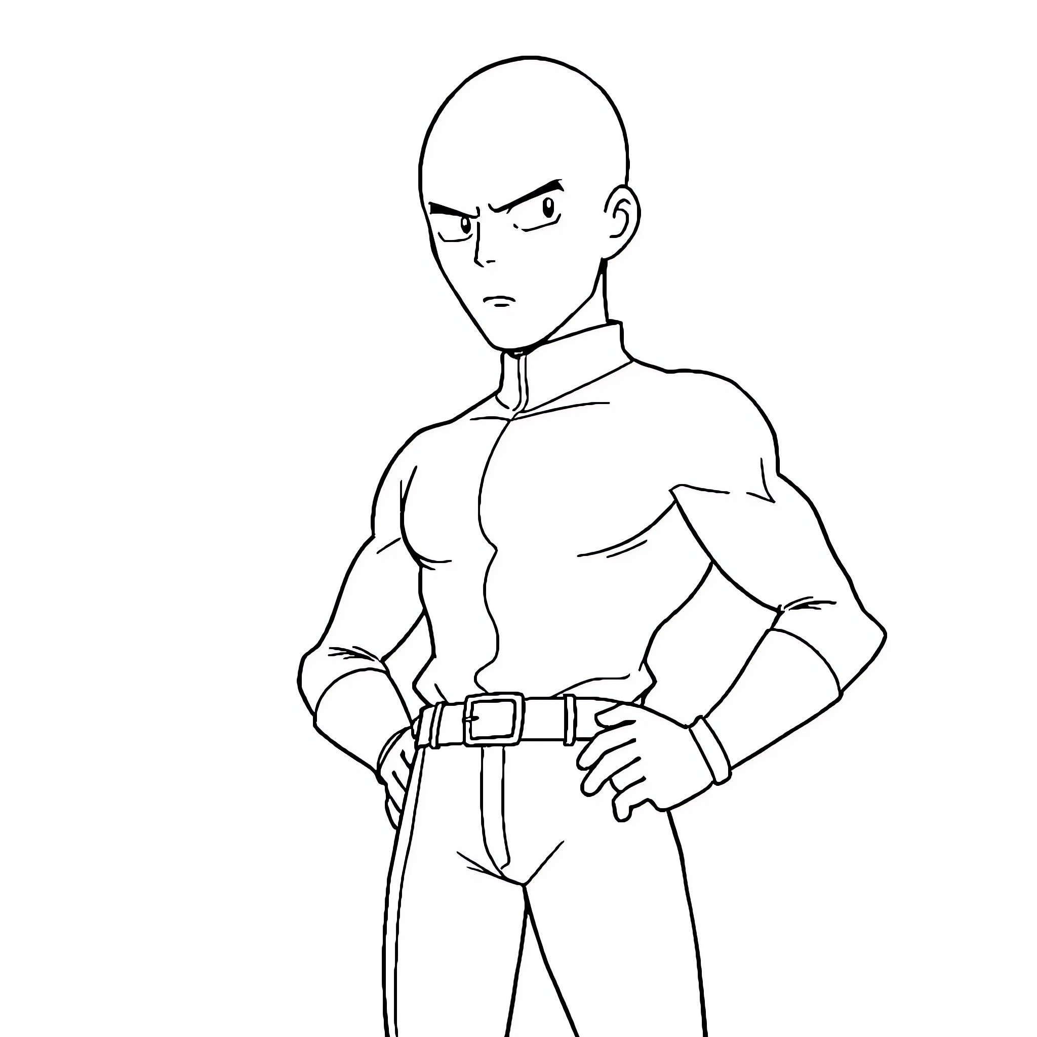 Saitama's Determined Pose Coloring Page (free black-and-white line drawing printable PDF for all, from beginners to advanced learners, including children, teens, adults, and seniors)